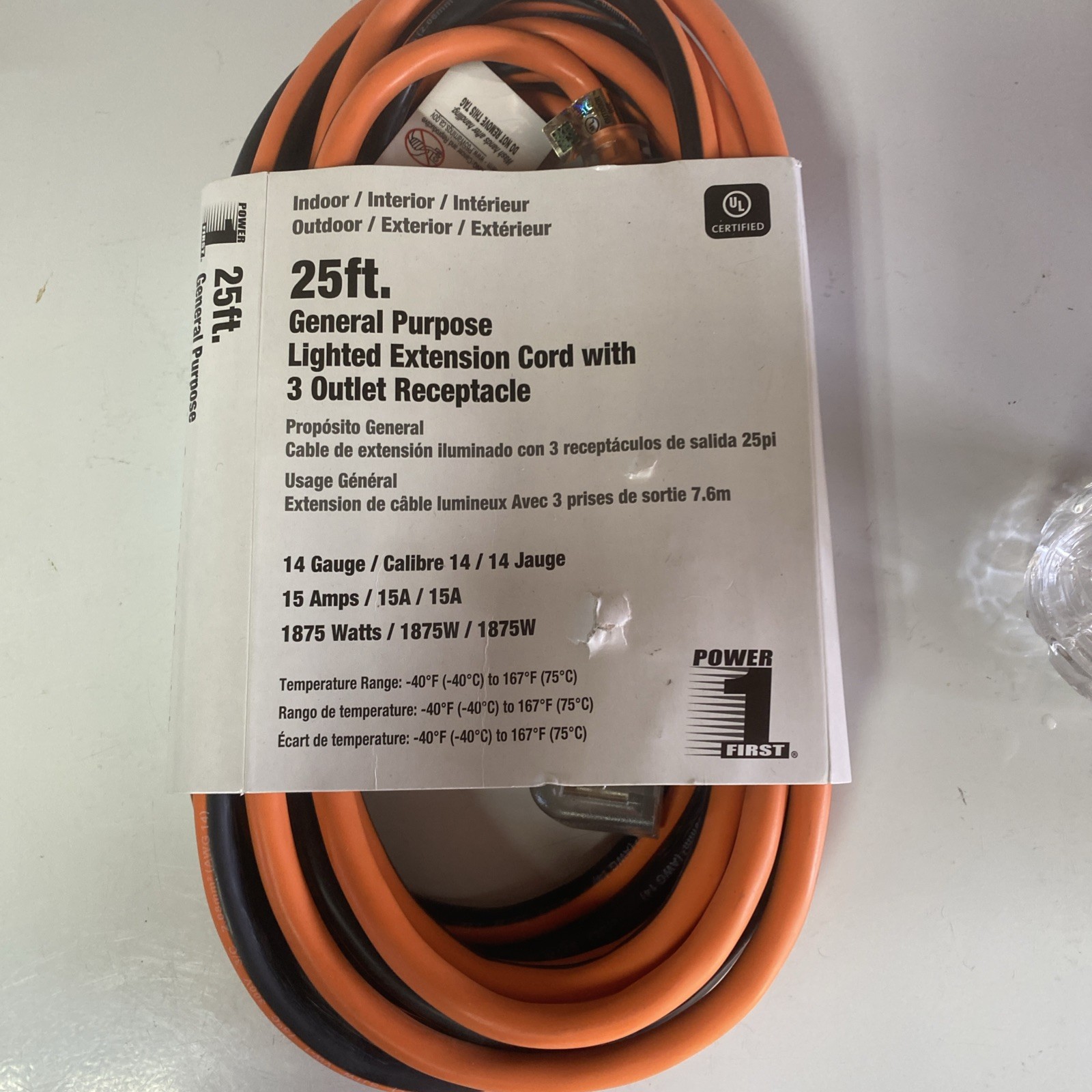 Power First, 25’ General Purpose Lighted Extension Cord With 3 Outlet Receptacle