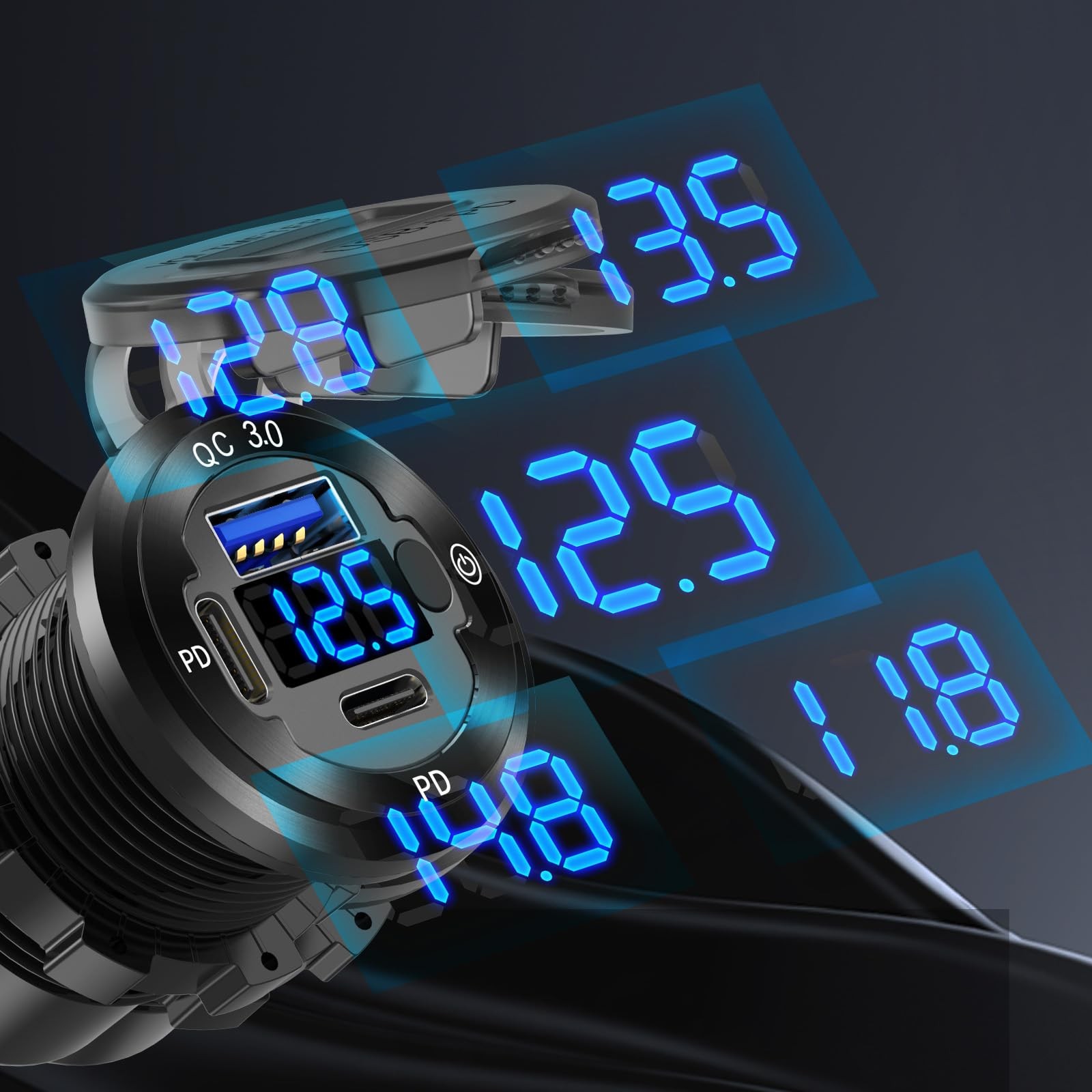 12V USB Car Socket Round C Outlet, 3-Port Marine Fast pack of one