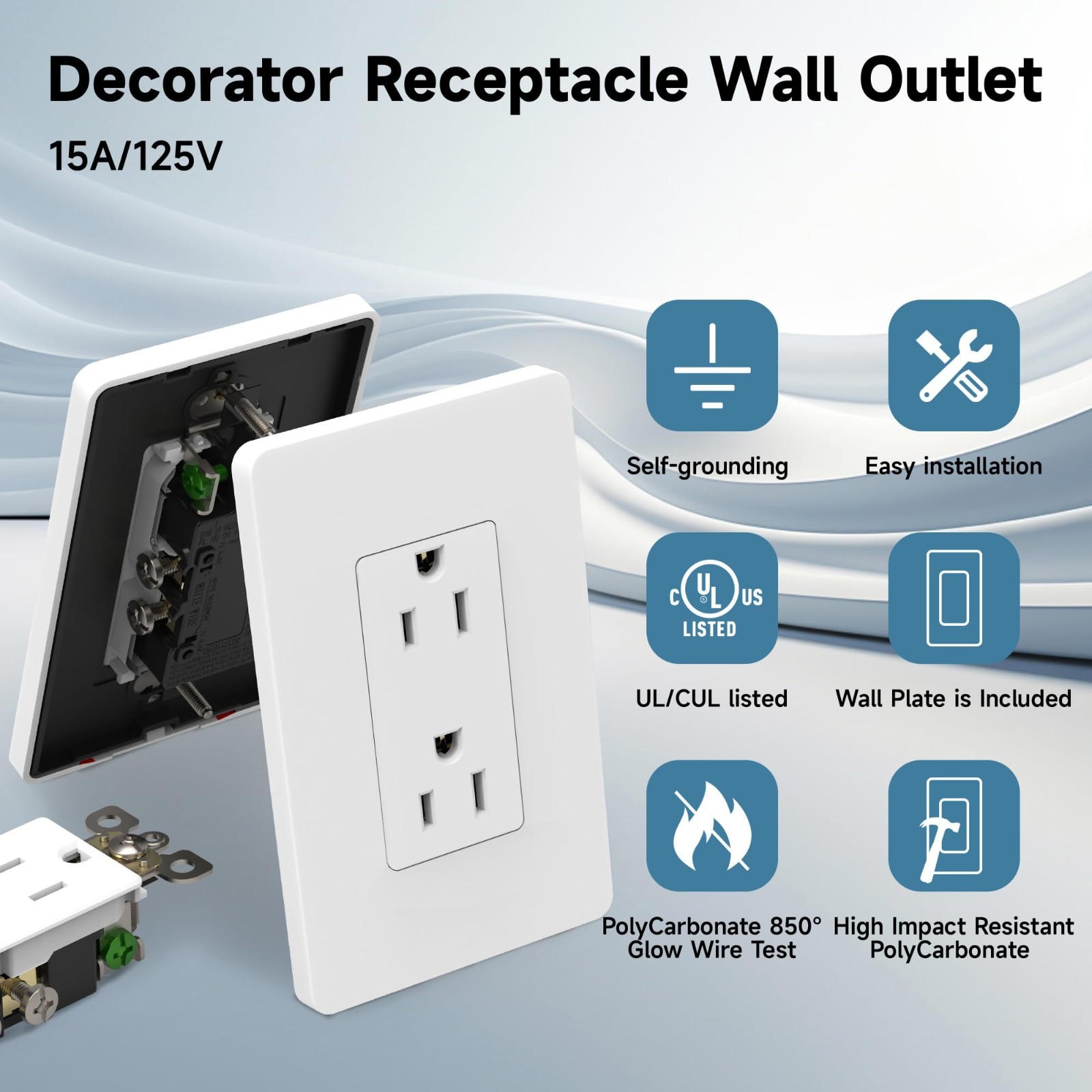 Matte White Decorator Outlet with Wall Plate, 15 Amp, Self-Grounding, UL Listed,