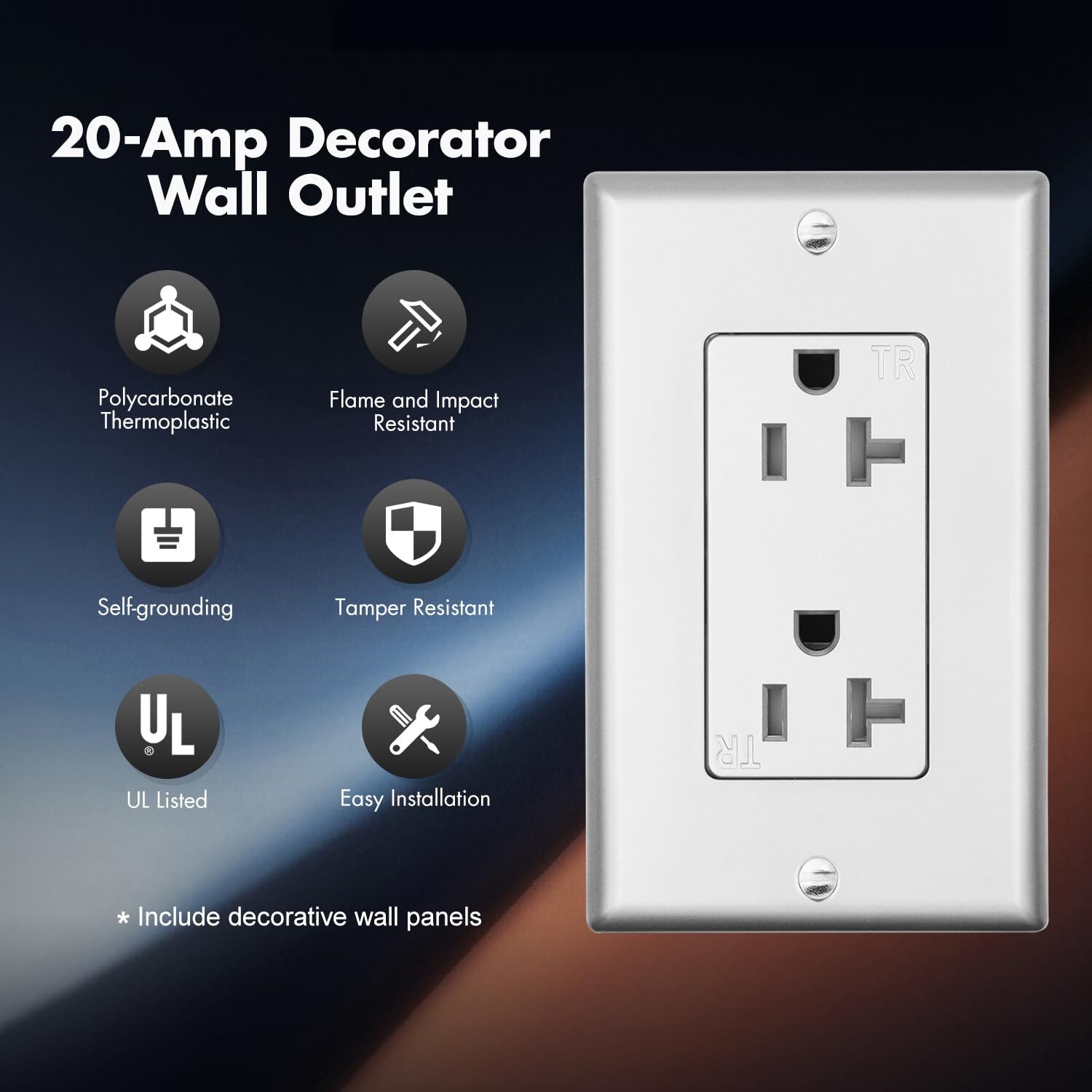 Decorator Receptacle Outlet, Tamper Resistant,20 Amp,125 Volt,Wall Plate,sliver