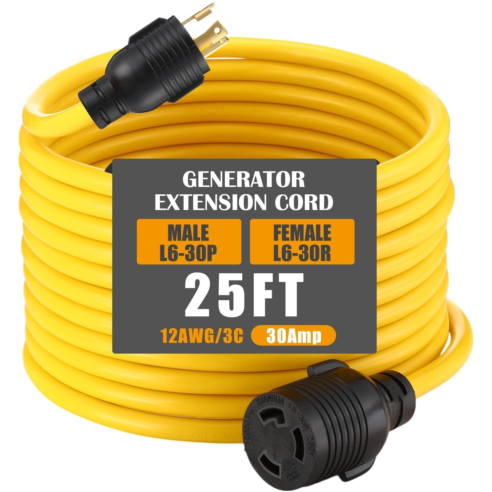Tellegloww NEMA L6-30 Generator Extension Cord 30A 250V 7500W 25ft