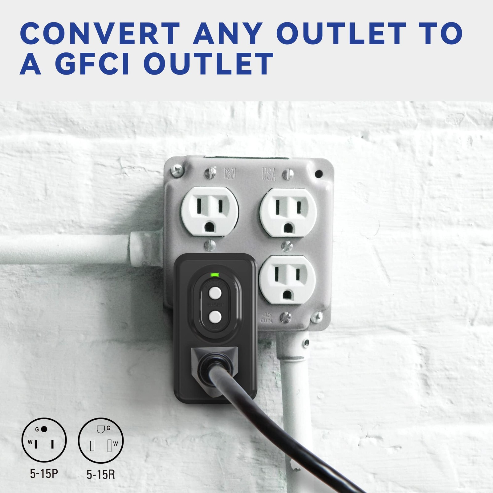 AIDA GFCI Adapter, 15 AMP Single Outlet Grounded 3Prong GFCI Adapter, for Ind…