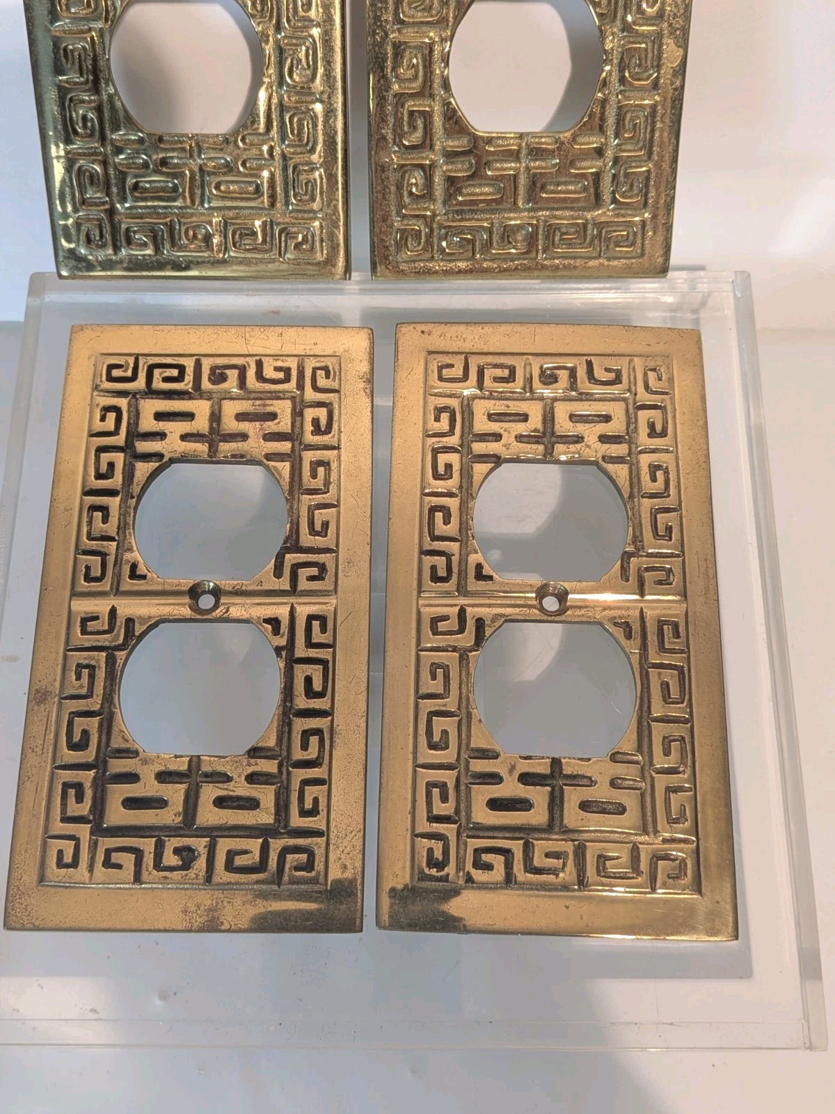 8 Brass Polished Oriental Outlet Plates Power MCM Greek Key Hollywood Regency