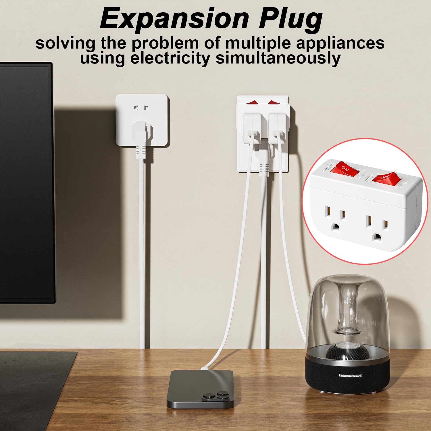 Grounded Outlet Wall Tap Adapter With Red Indicator On/Off Switch 3 PK Double
