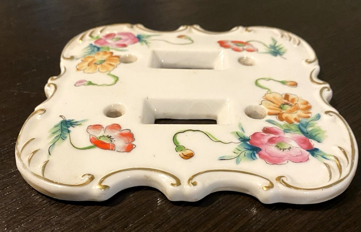 Vtg Cottage Floral Porcelain Double Light Switch Cover Ornate Victorian Style