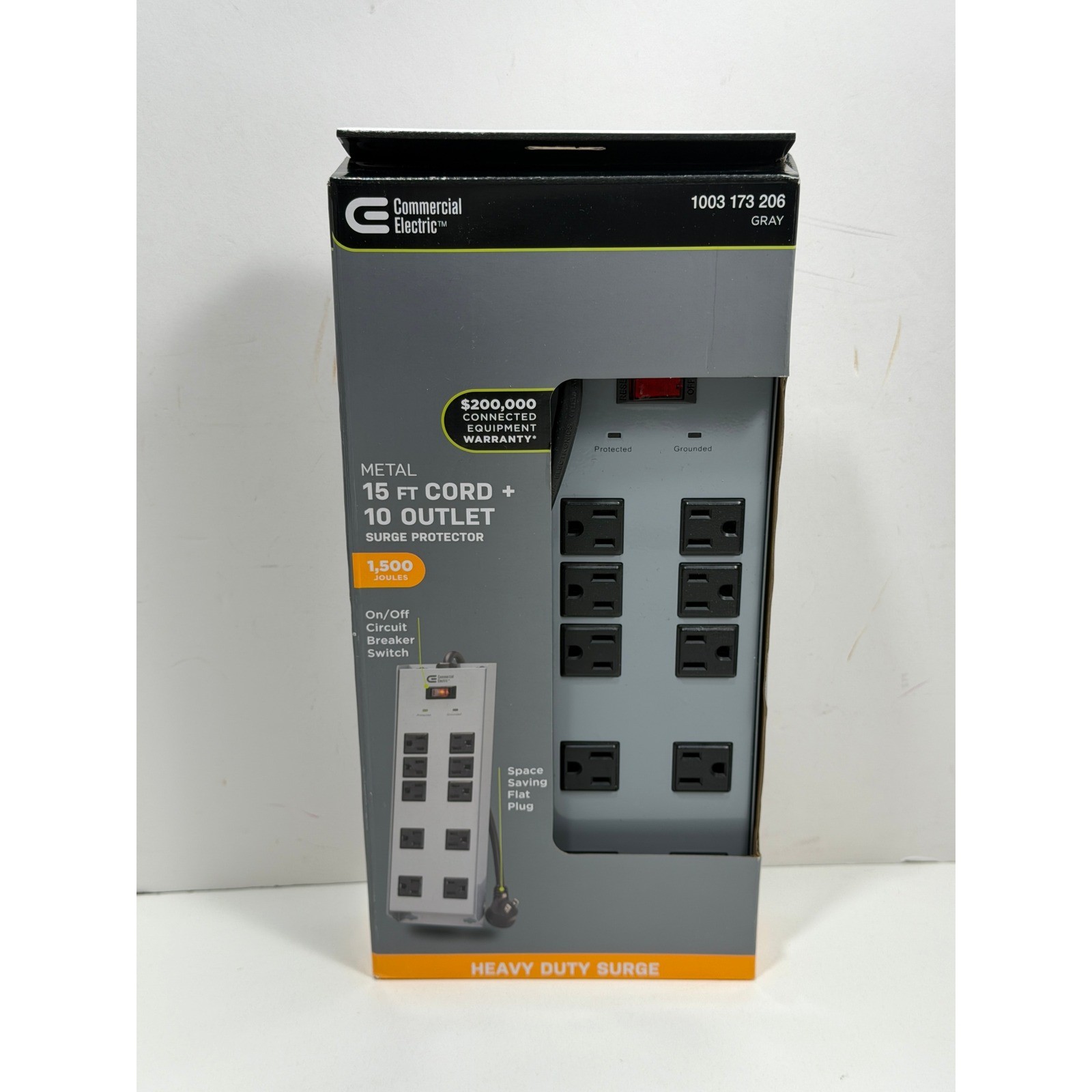 Commercial Electric 10 Outlet Metal Surge Protector 15 ft Cord 1500 Joules Gray