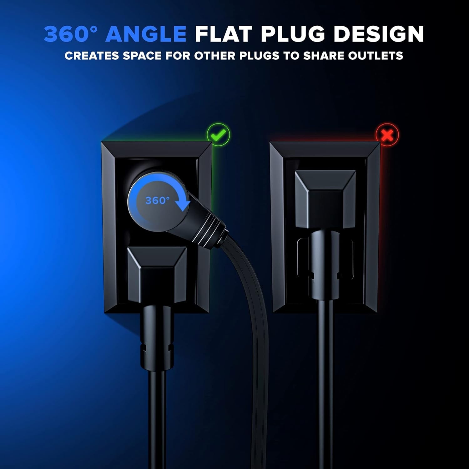 360° Rotating Flat Plug Extension Cord – 0.5 Ft – 3 Outlet – Certified Pack