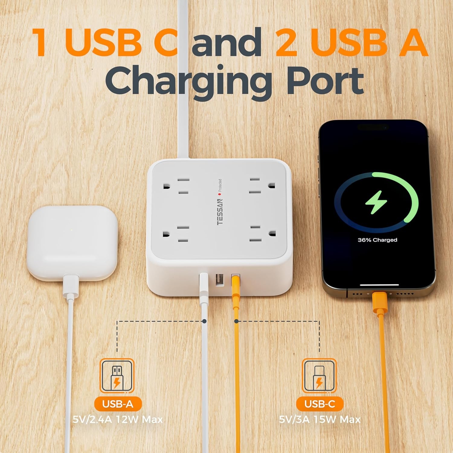 5 Ft Grey Surge Protector with 3 USB Power Strip Extension Cord 5ft USB Power