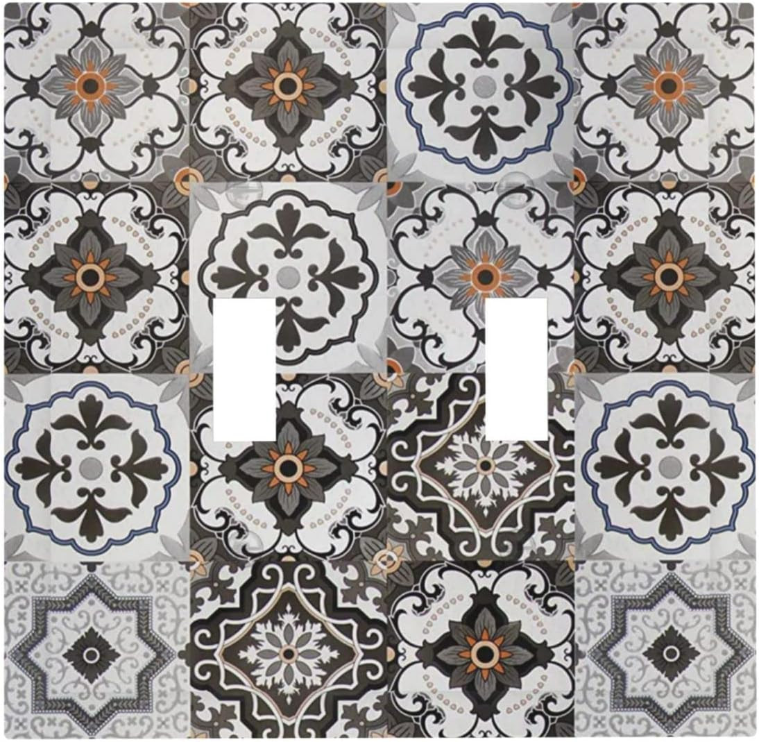 Gray and White Bohemian Tile Double Switch Wall Plate Cover for Kitchen Decor