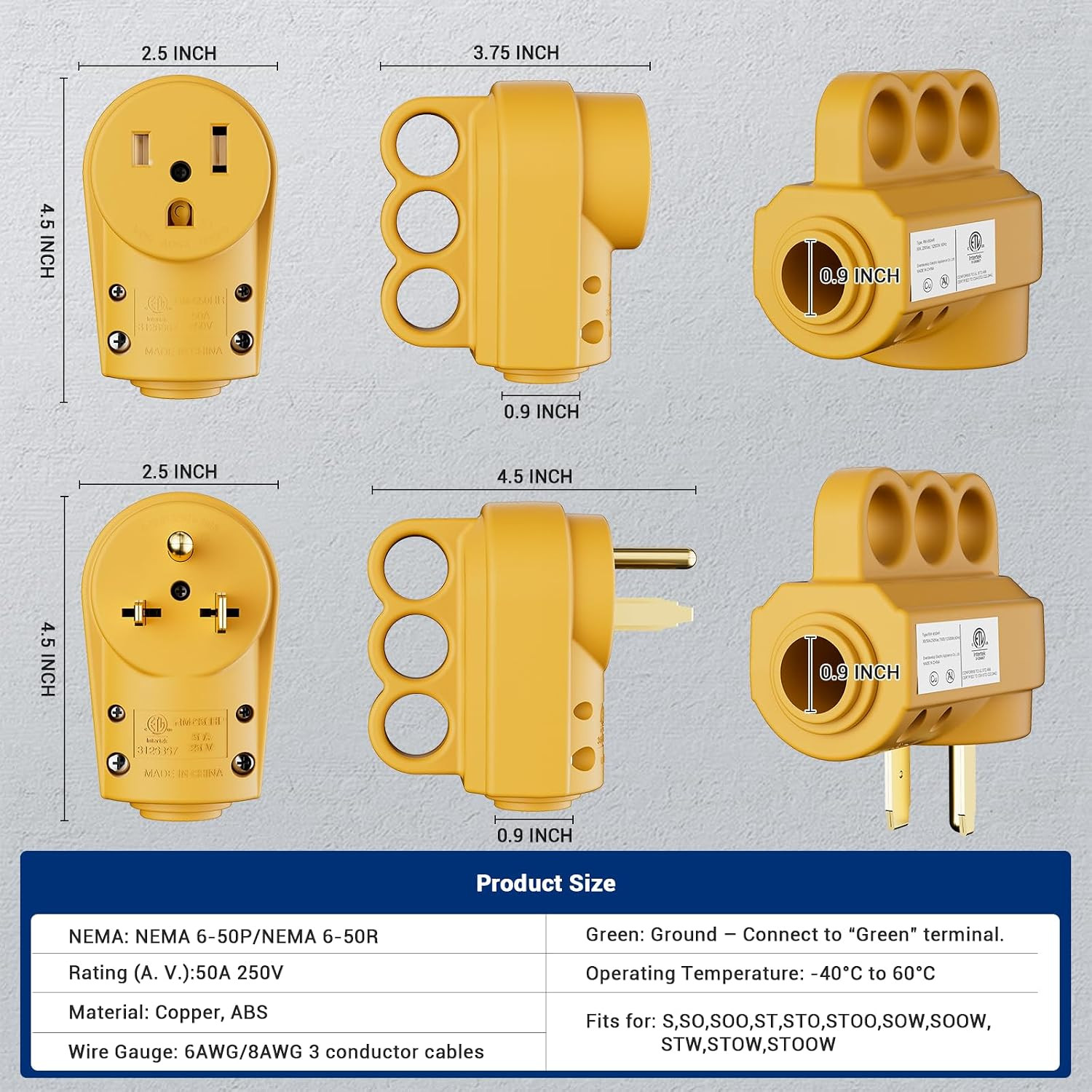 2 Pack NEMA 6-50R 50A 250V Female Welder Receptacle, Heavy Duty Rewirable 3-Pron