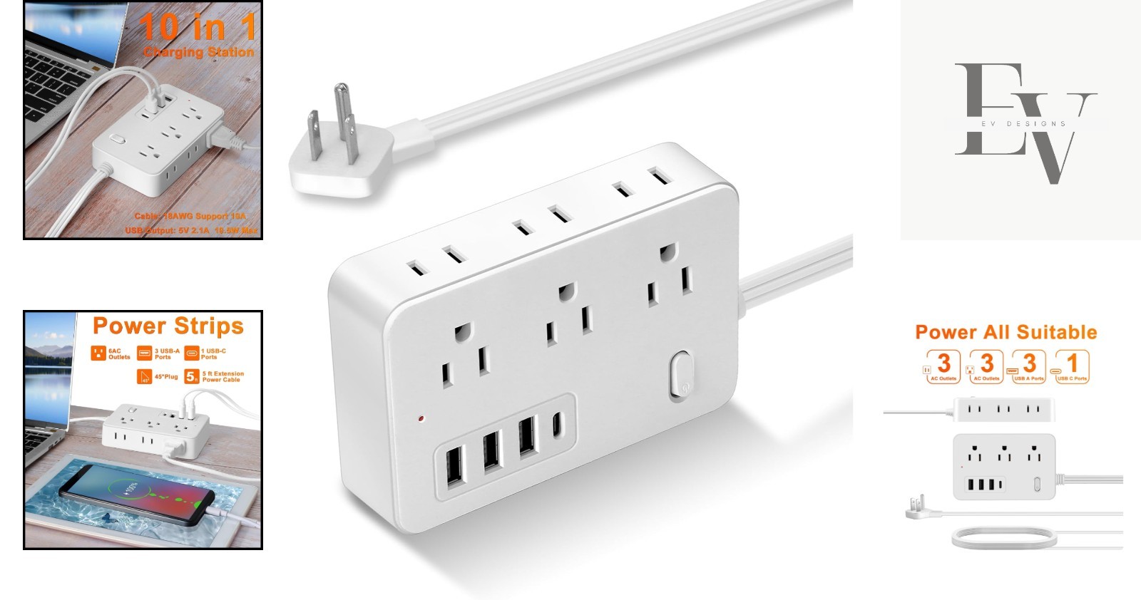 5FT Surge Protector Power Strip with 6 AC Outlets & 4 USB Ports – 1700 Joules