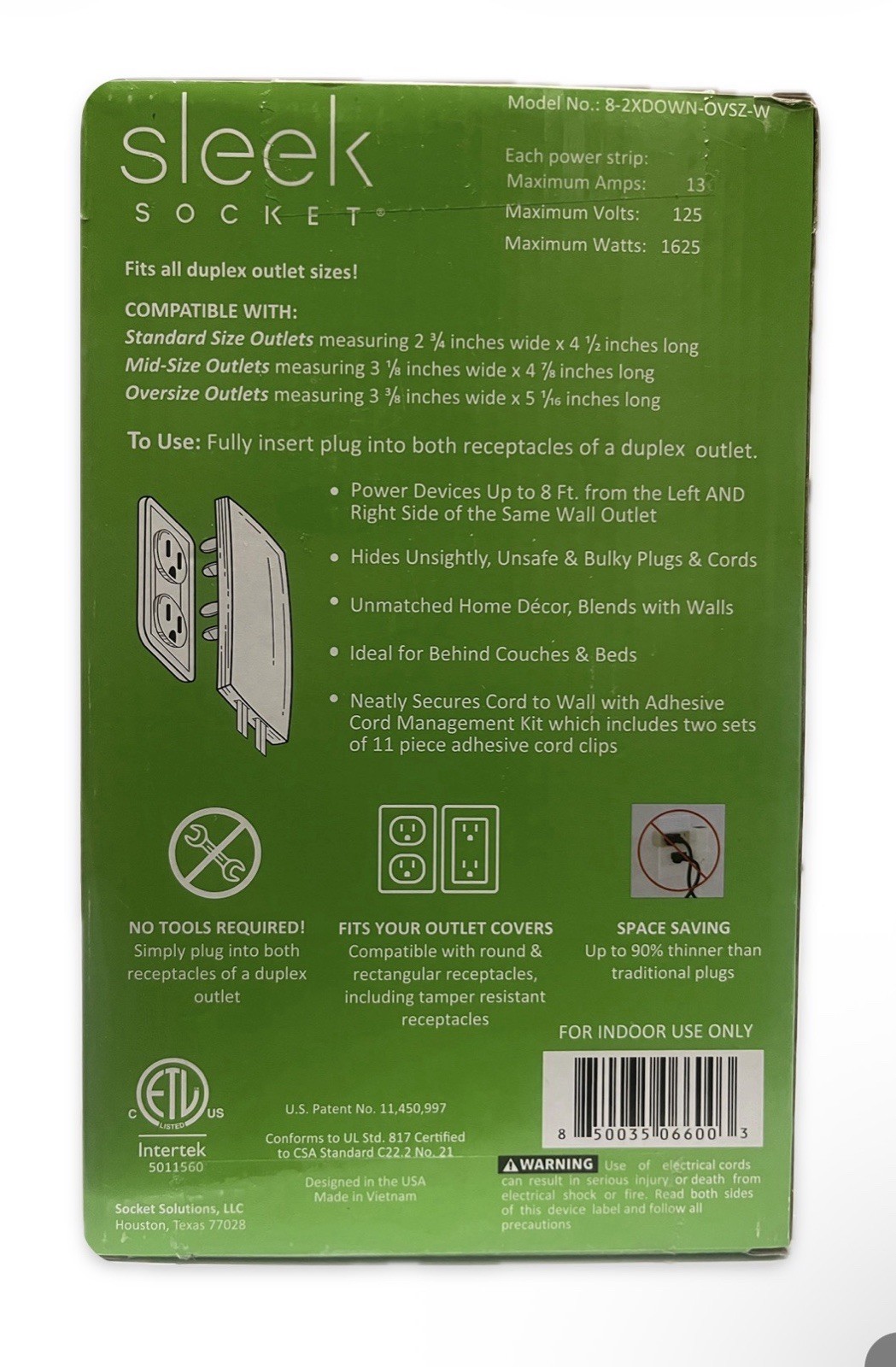 Sleek Socket Outlet & Plug Concealer With 2 Side By Side Power Strips