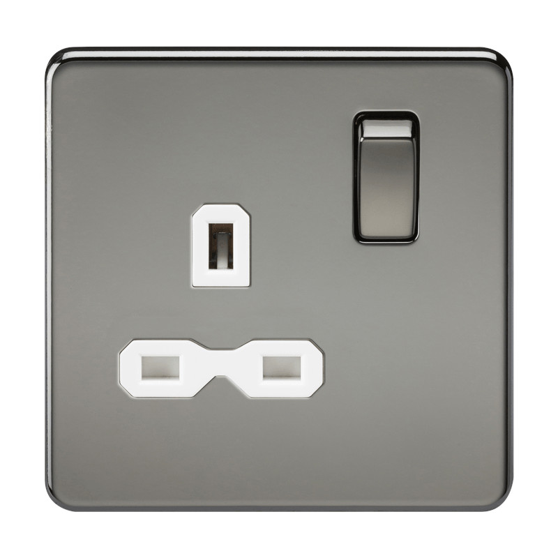 1G Switched Socket Screwless, Brushed Nickel, White Insert