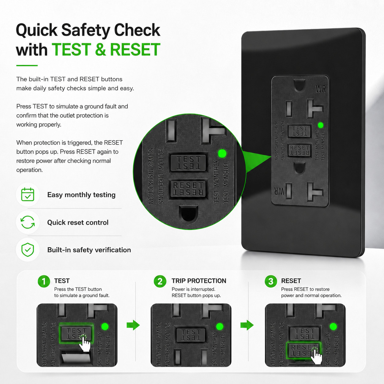 5PK Black 15 Amp GFCI Outlet WR TR LED Indicator Back Side Wiring Easy Install