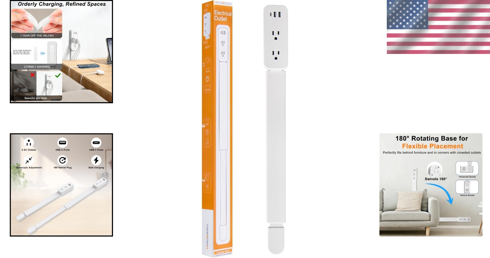 Electrical Outlet Extender 22-34 Inch Rotating Wall Plug with USB-A USB-C Out…