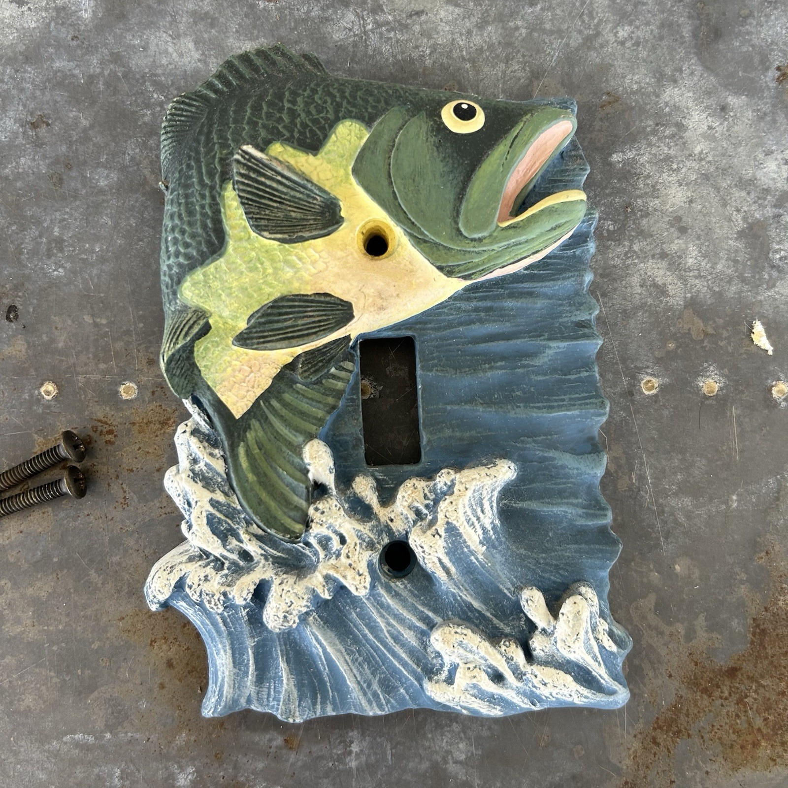 Vintage 1997 Figi Home Decor Hand Painted Bass Fish Light Switch Plate