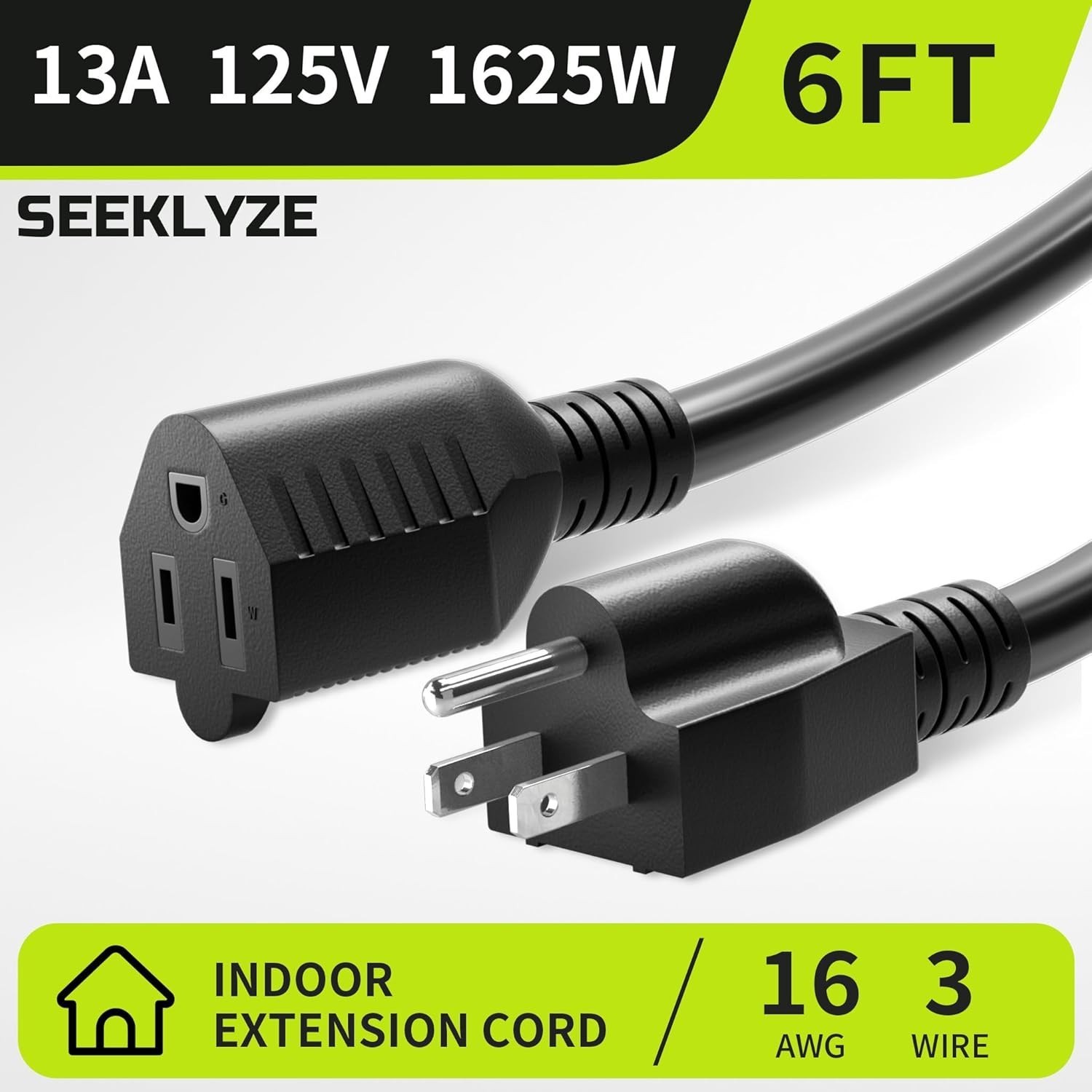 16/3 Black Extension Cord 6 FT Indoor Short Extension Cord Office Home