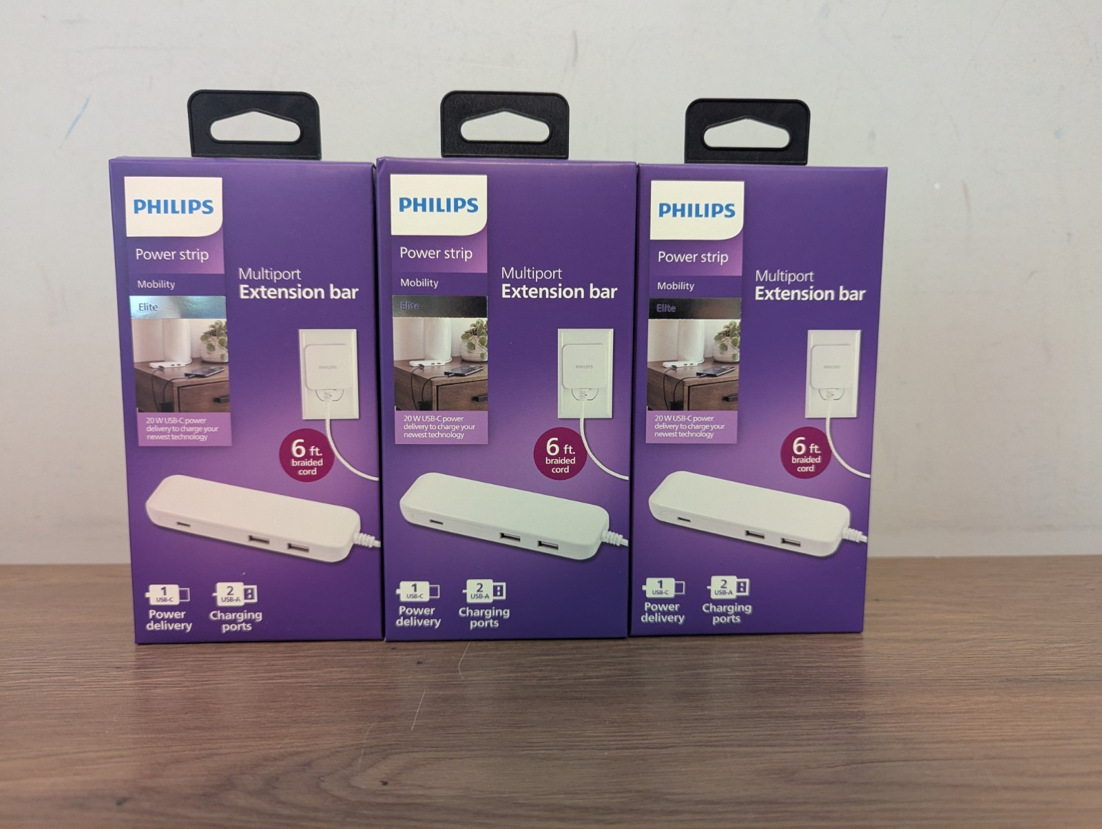 Philips Power Strip 6 Ft Extension Bar 20W USB-C + 2 USB-A Ports Pack of 3