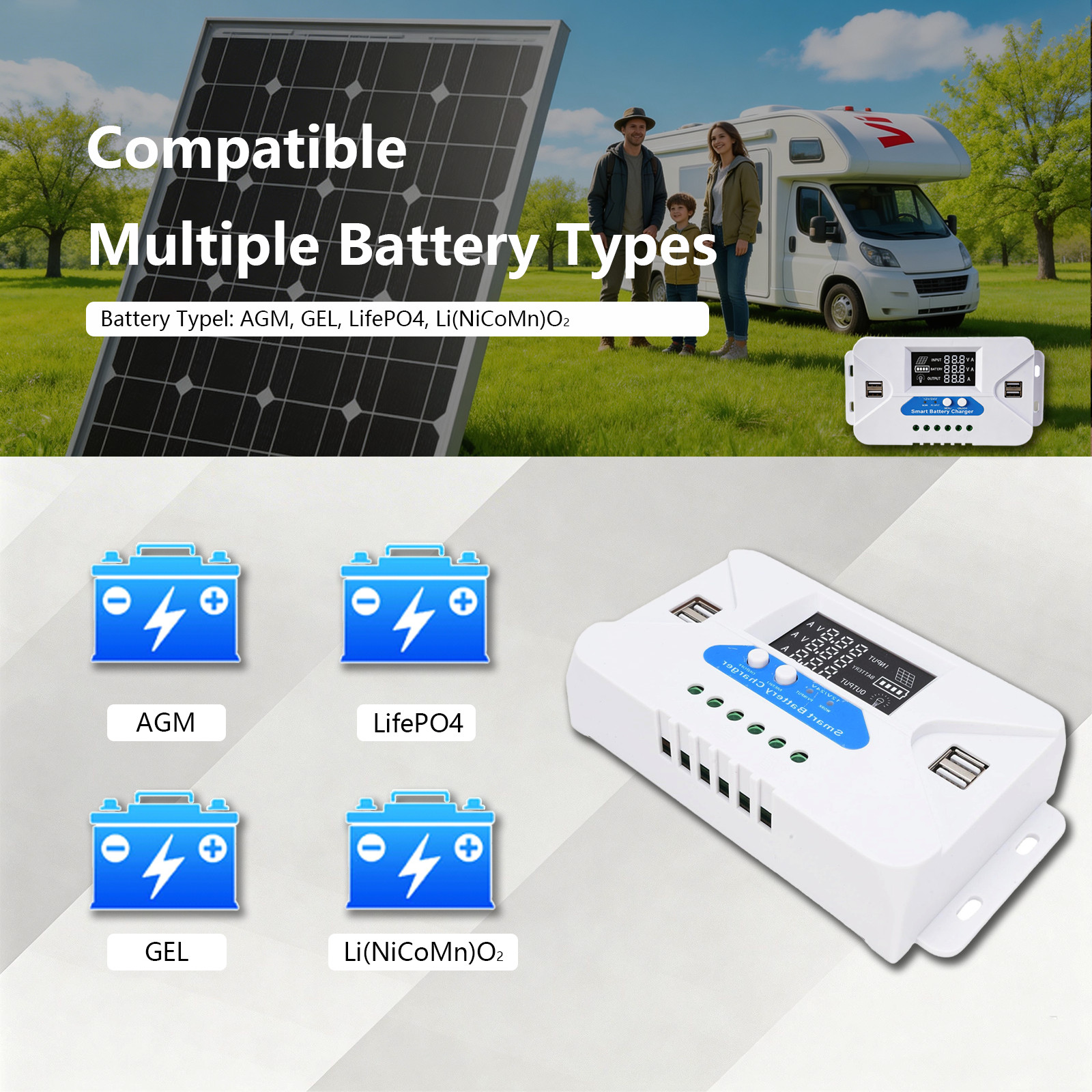 30A Solar Charge Controller 20A PWM Regulator for 12V 24V with 4 USB Ports