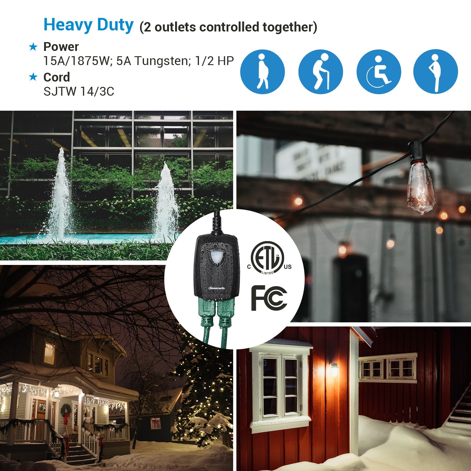 DEWENWILS Waterproof Outdoor LED Light Wireless Remote Control Outlet Plug In