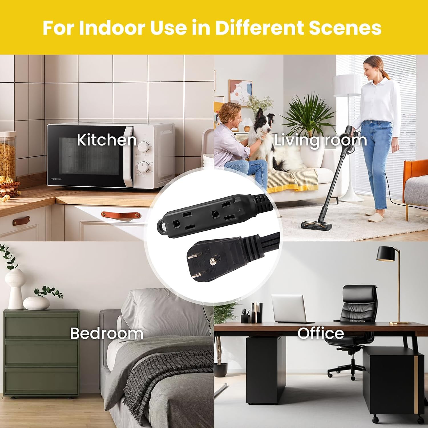 3-Outlets Indoor Extension Cord Outlet Extender, 3 Prong Grounded 15A Power S…