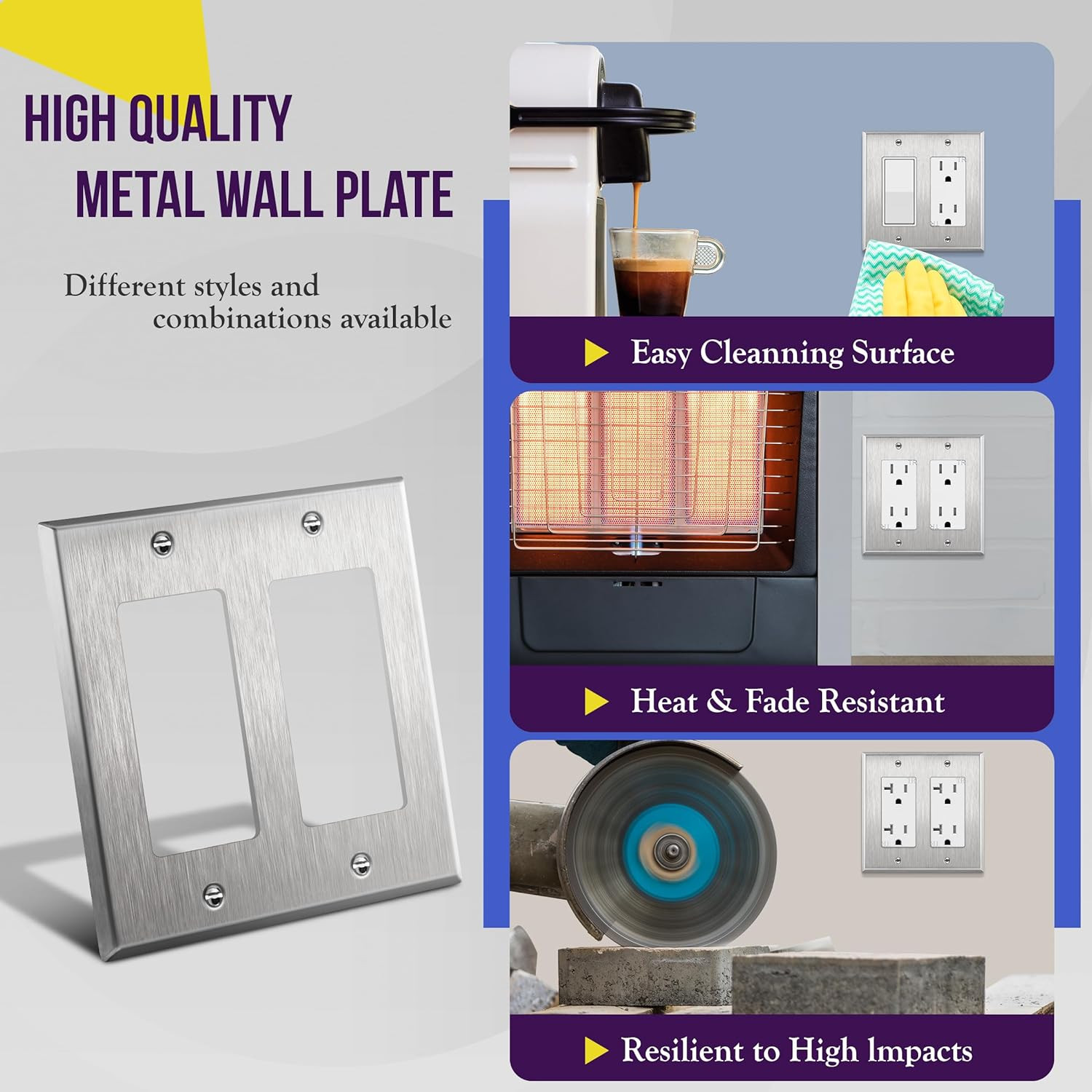 Decorator Switch or Receptacle Outlet Metal Wall Plate, Corrosion Resistant, Siz