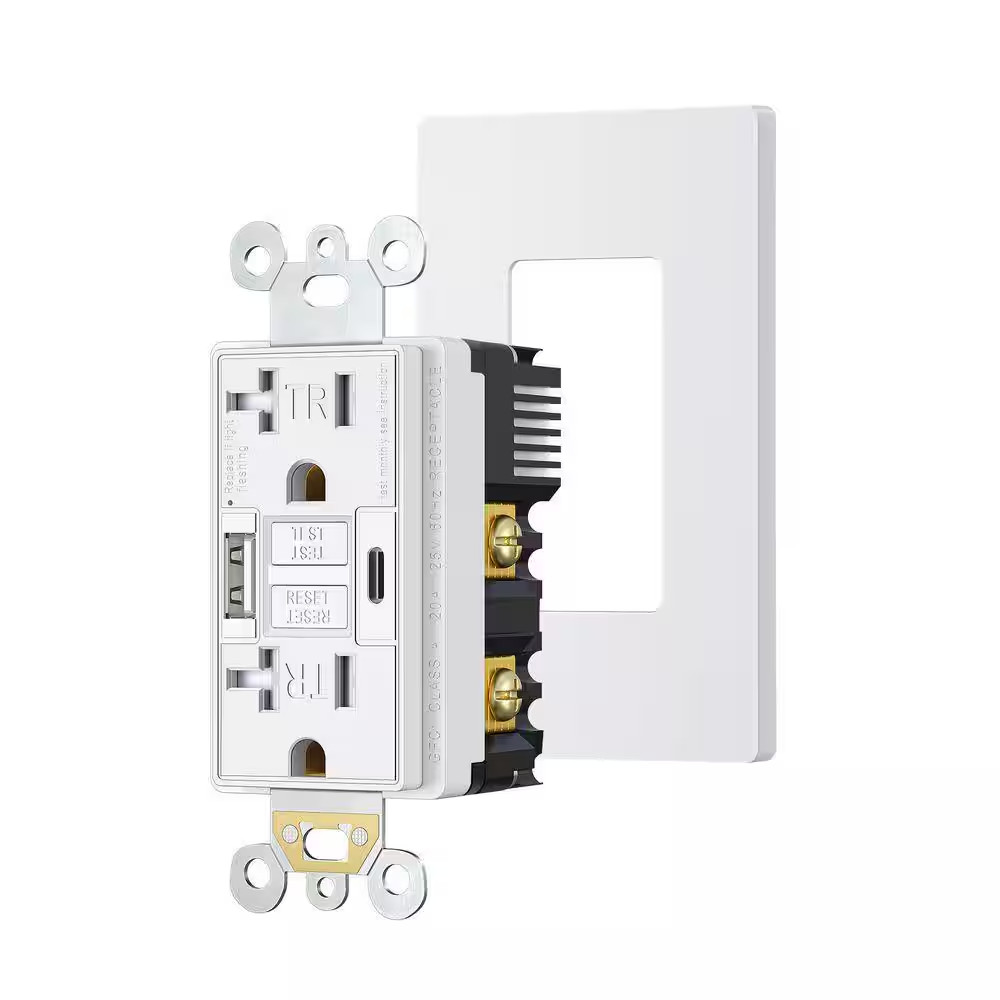 White 20 Amp Tamper Resistant GFCI Duplex Outlet with USB-A, USB-C Charger