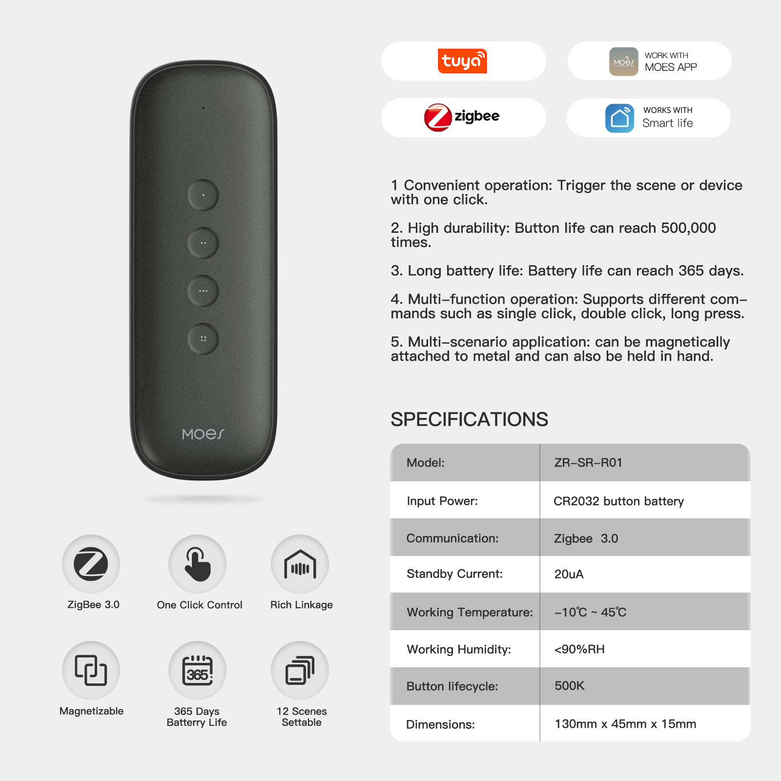 MOES ZigBee Smart Wireless 12-Scene Switch 4-Button Portable Remote Control APP
