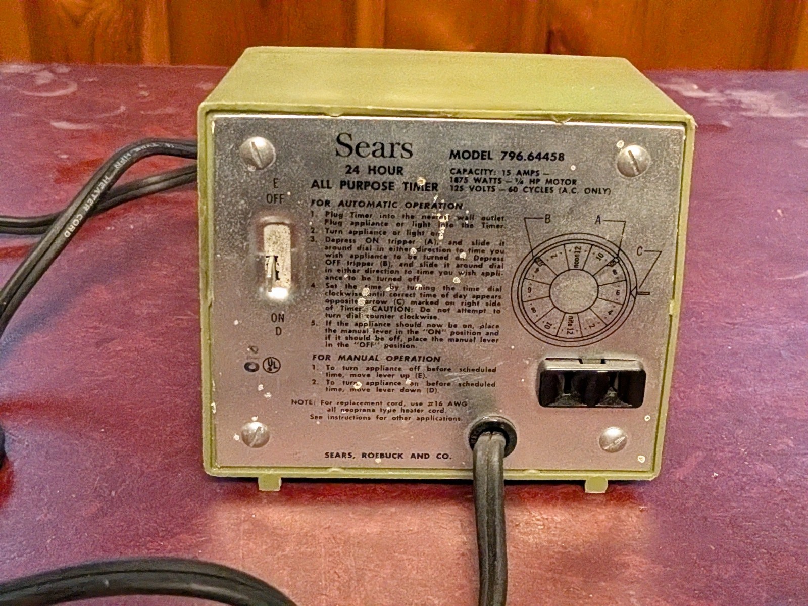 Sears 24 Hours All Purpose Timer Model 796.64458 Vintage Green
