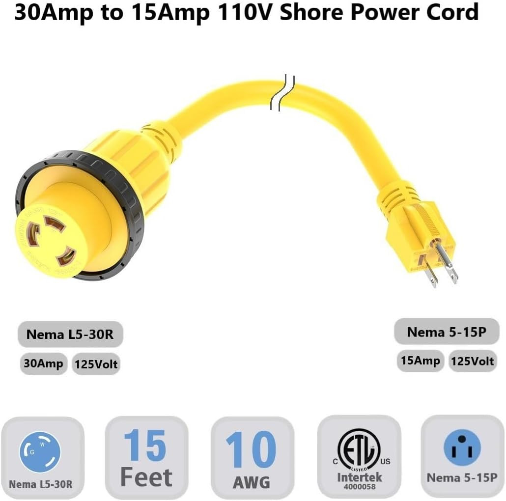 15FT 30-Amp to 15-Amp 110V Marine & RV Extension Cord, NEMA 5-15P to L5-30R | 10