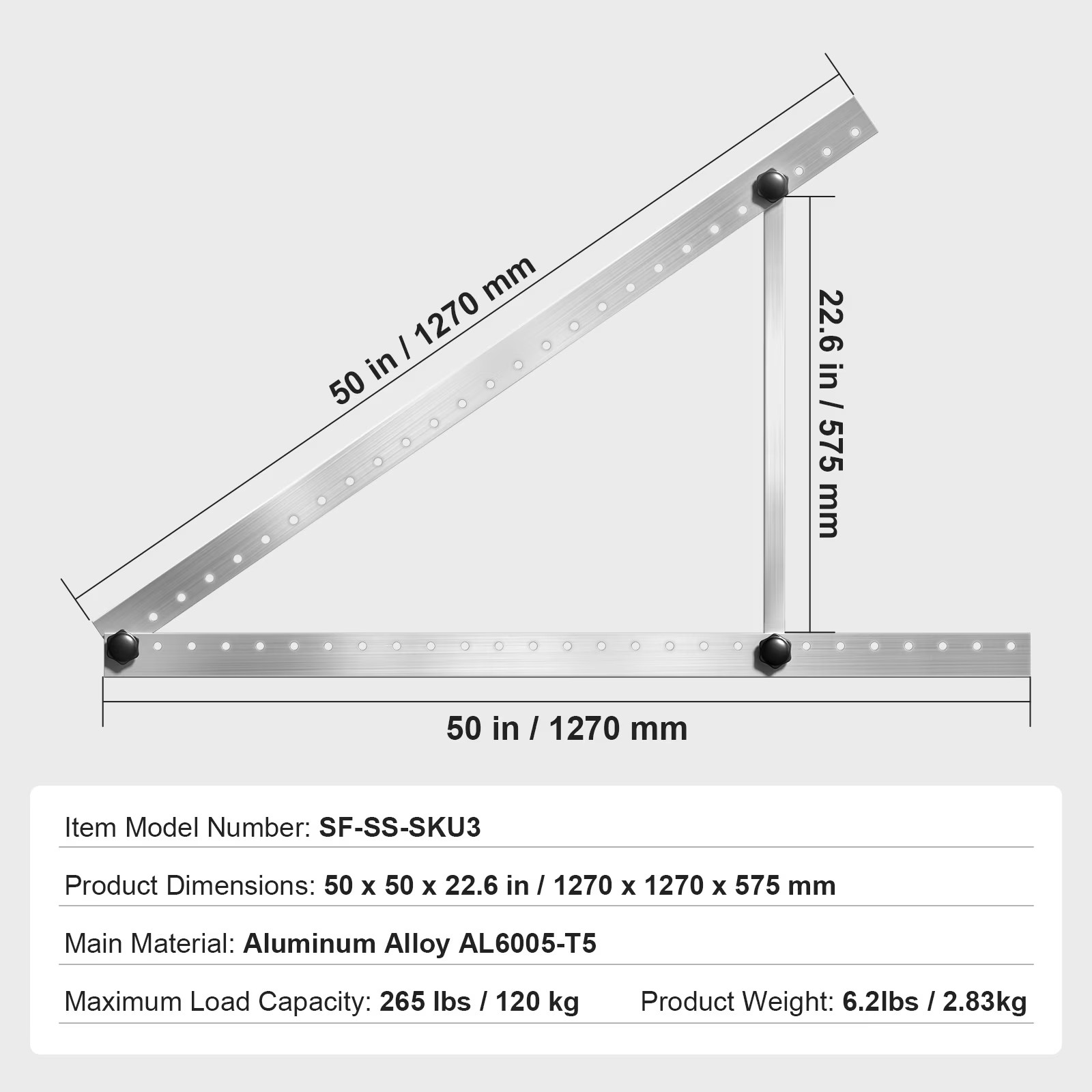 50-Inch Solar Panel Support Brackets, 0 to 90° Modifiable Incline Mount Brackets