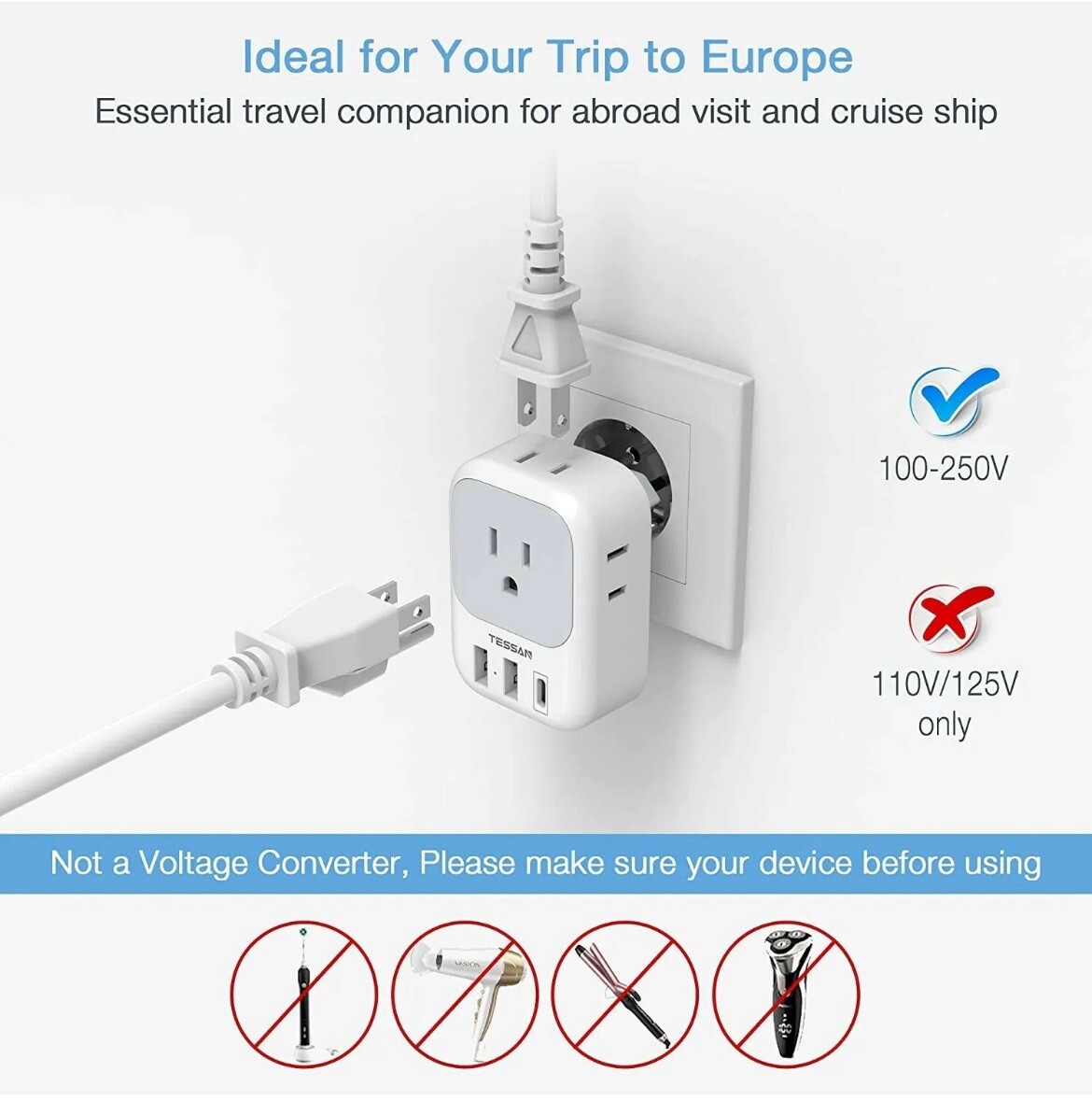 European Plug Adapter Travel Power Plug with 4 Outlets 2USB Port 1 USB C
