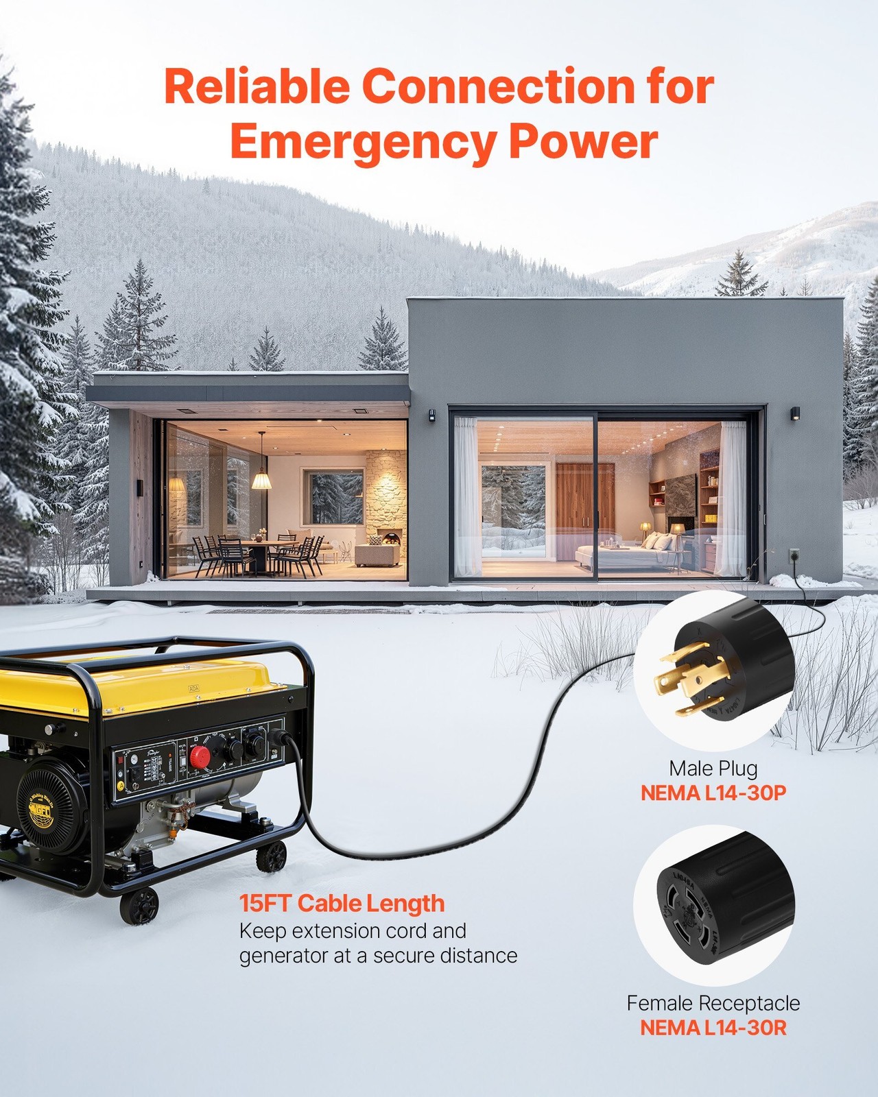 VEVOR 30 Amp Generator Cord & Power Inlet Box 15 FT 7500W NEMA L14-30P L14-30R