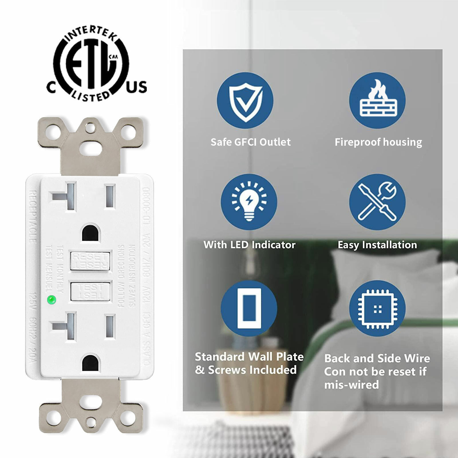 4PK 20A GFCI Outlet Non-TR Non-WR Indoor Ground Fault Receptacle with Wall Plate