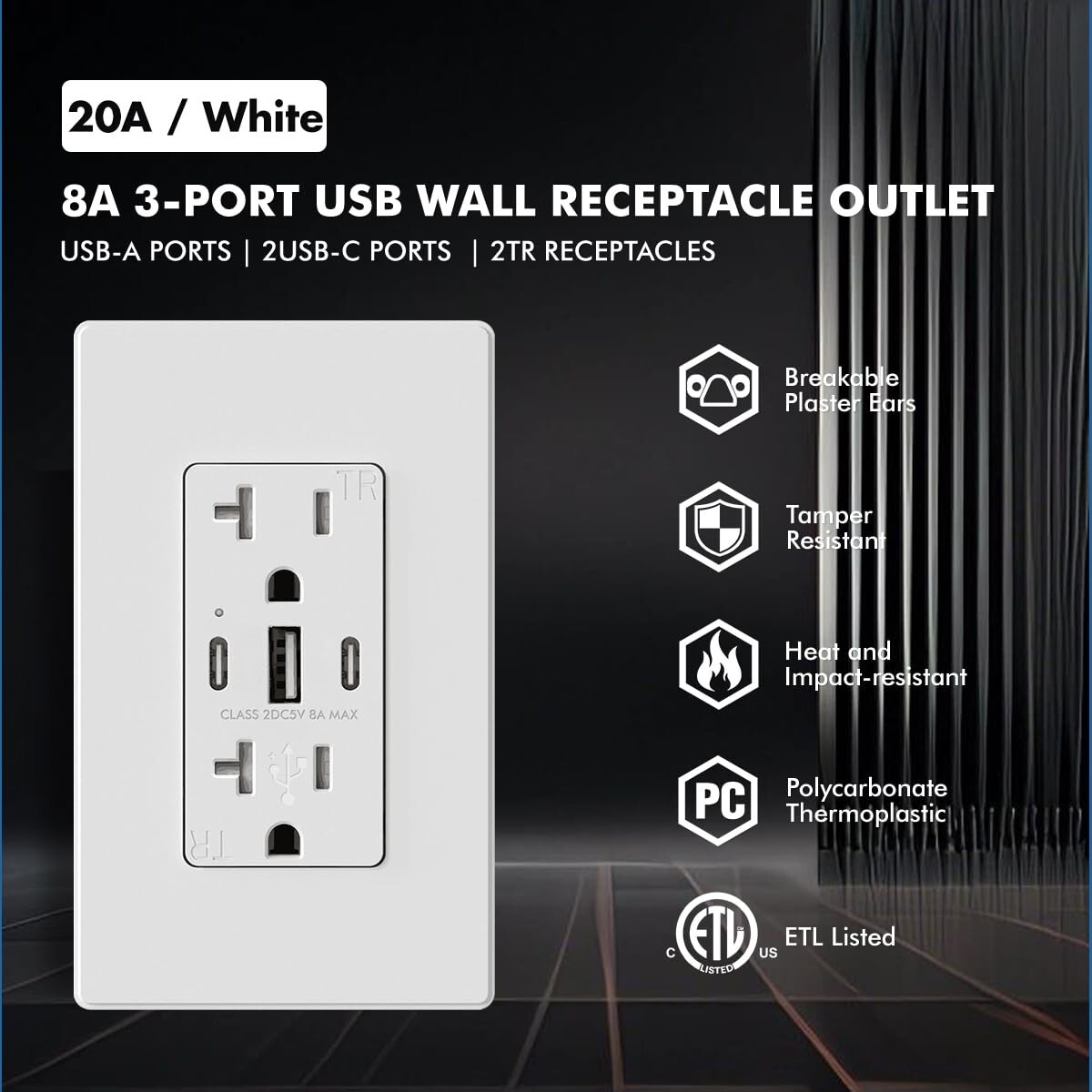 USB C Charger Wall Outlet C+A High Speed Receptacle 20-Amp Smart 8A Fast Charge