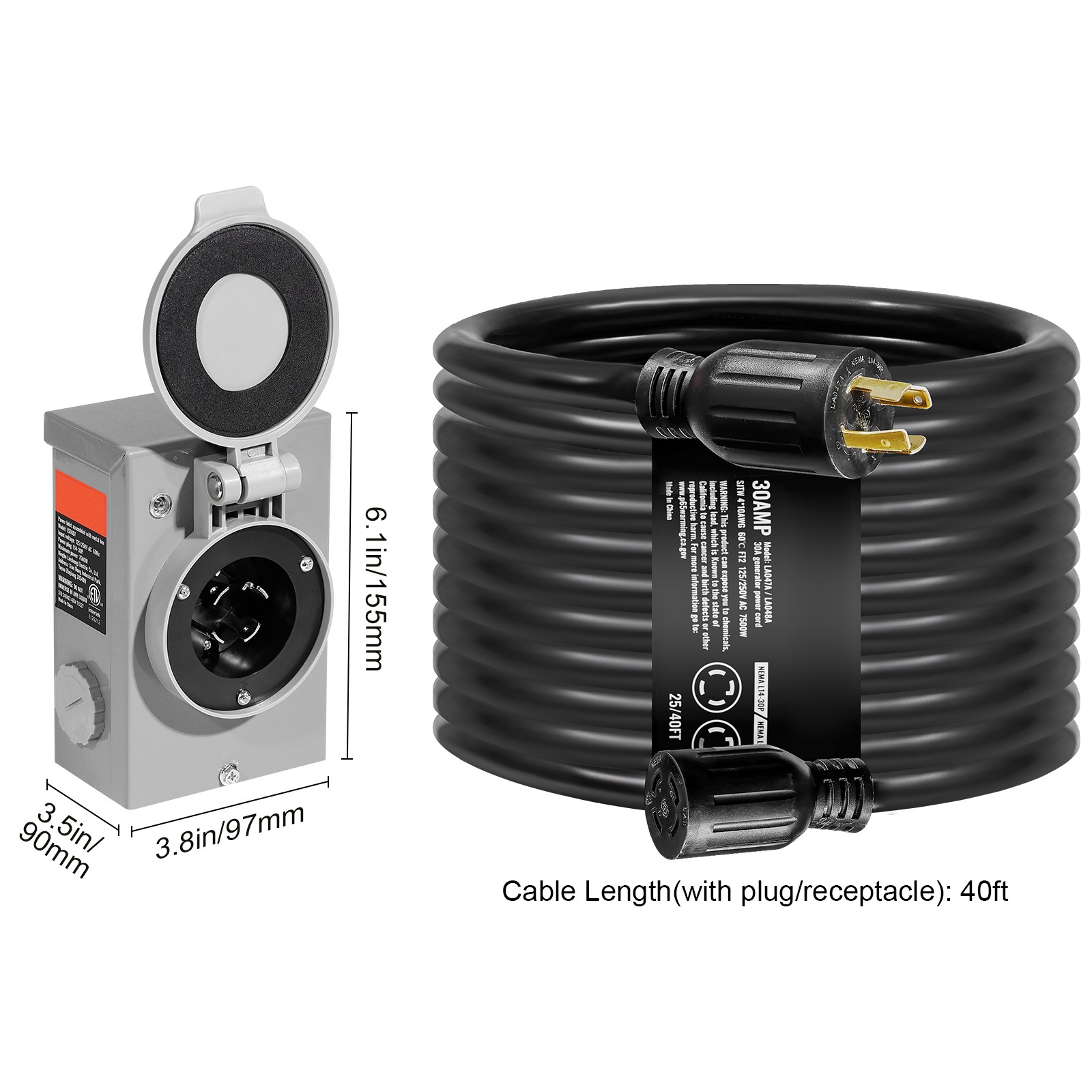 VEVOR 30 Amp Generator Cord and Power Inlet Box 40 FT NEMA L14-30P/L14-30R STW