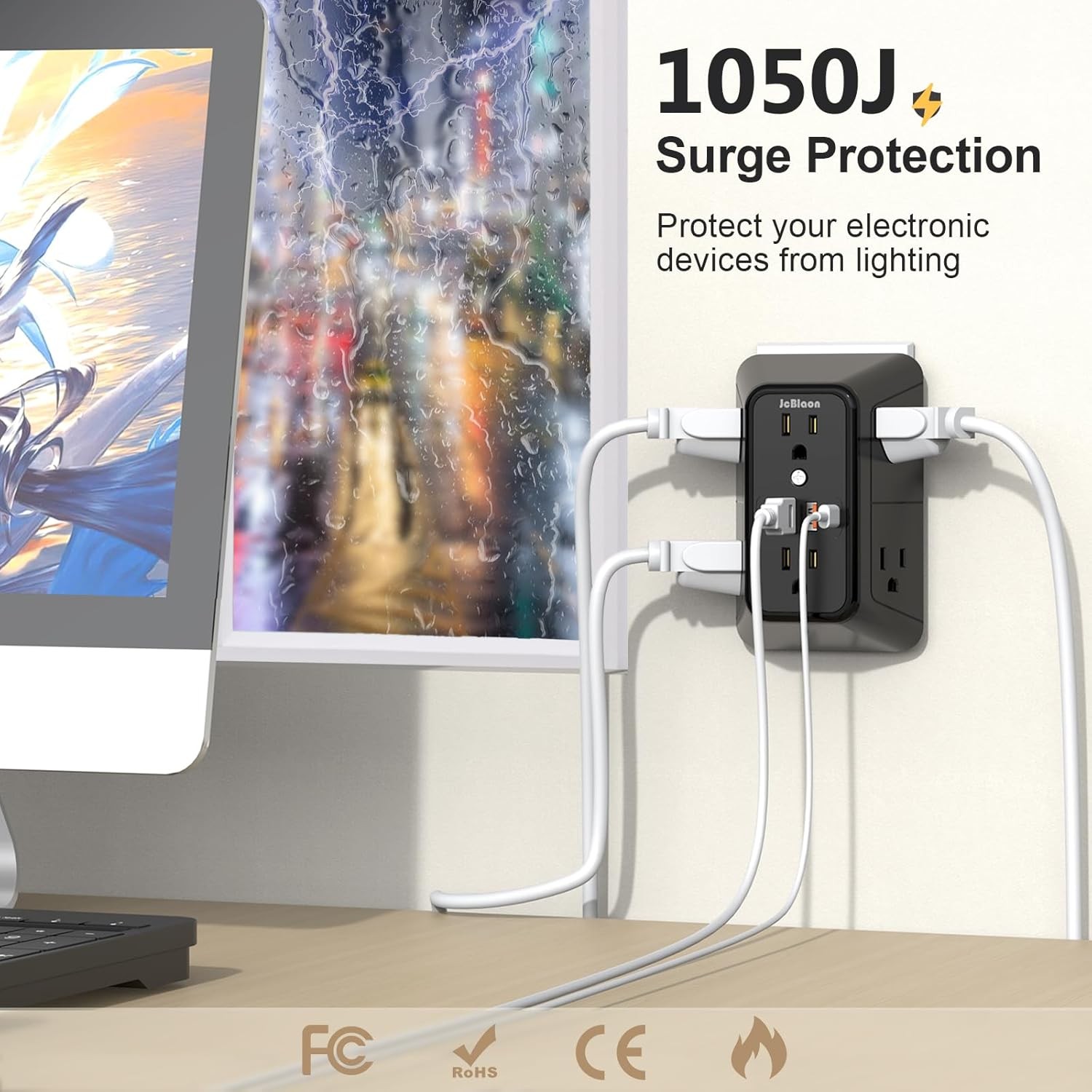 6 Outlet Surge Protector Wall Adapter – Multi Plug Extender w/4 USB Ports, Black