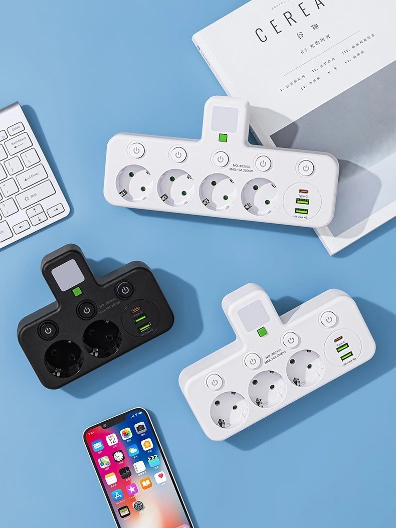 EU Multi Wall Plug Outlet 4 5 Sockets Electrical Socket No Extension Cord USB