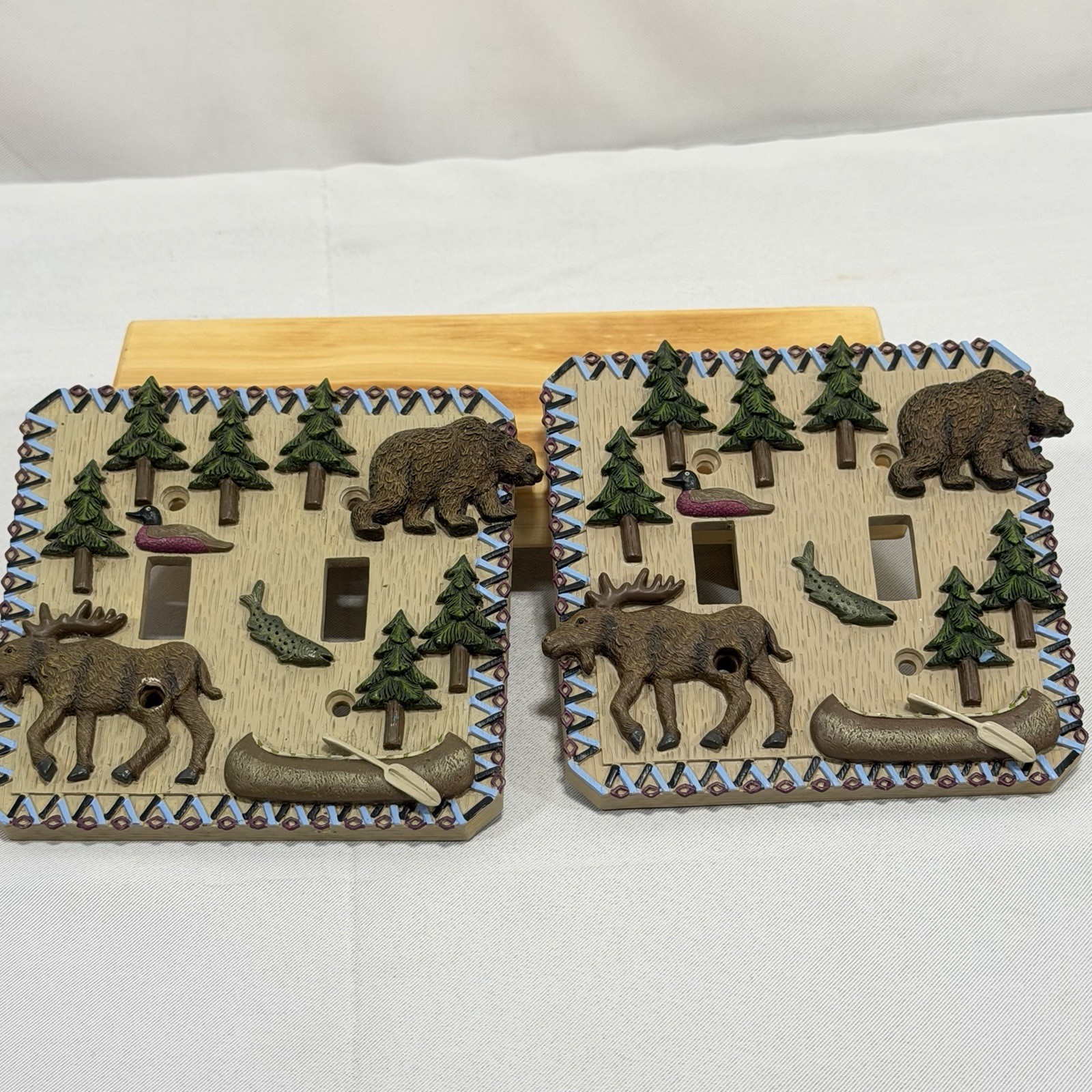 Double Wall Switch Plate Rustic Cabin Animal Nature Theme Moose Bear Fish 2 Pcs