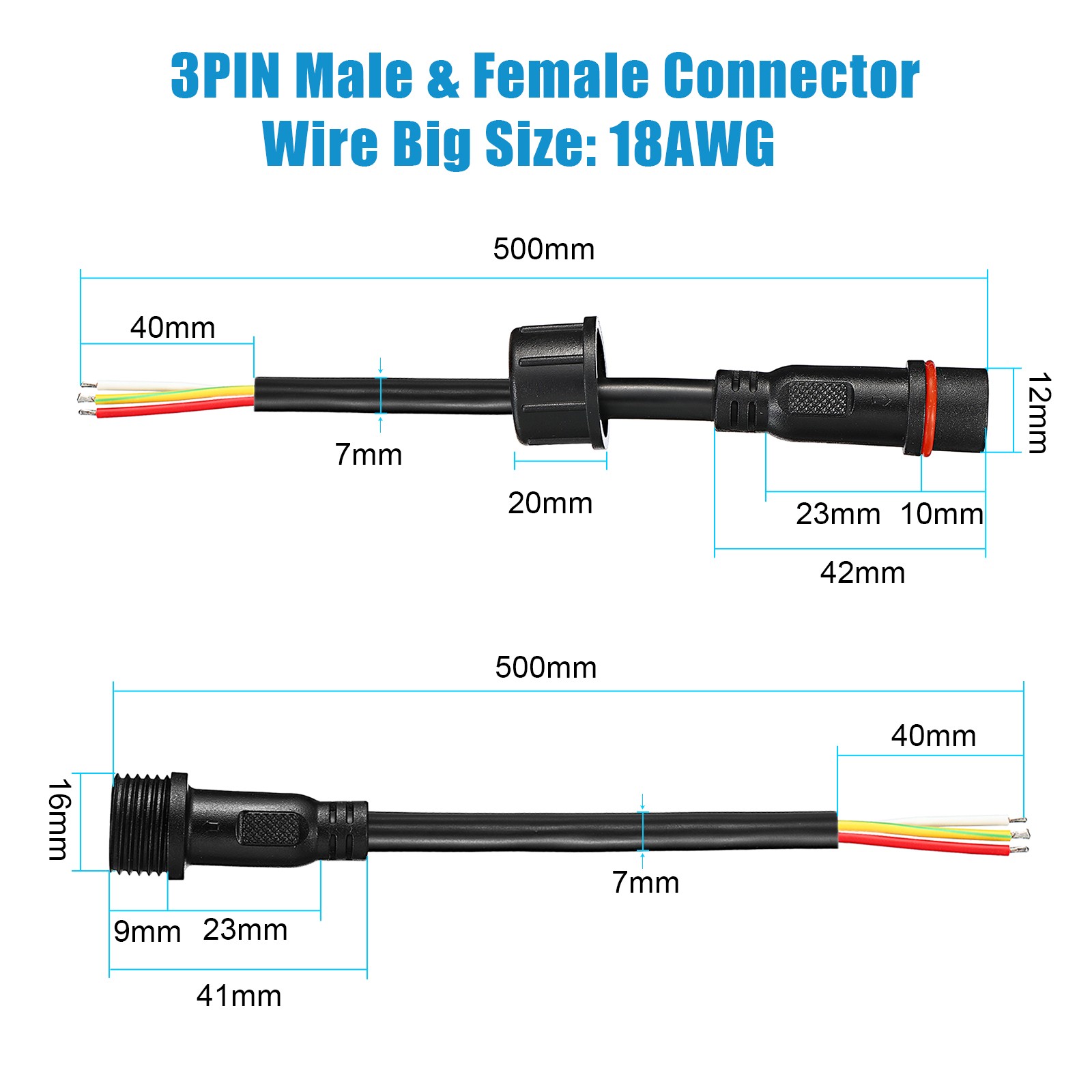 10Pairs 3 Core IP65 Male Female Plug LED Connector 18AWG 3Pin Pigtail 50CM Cable