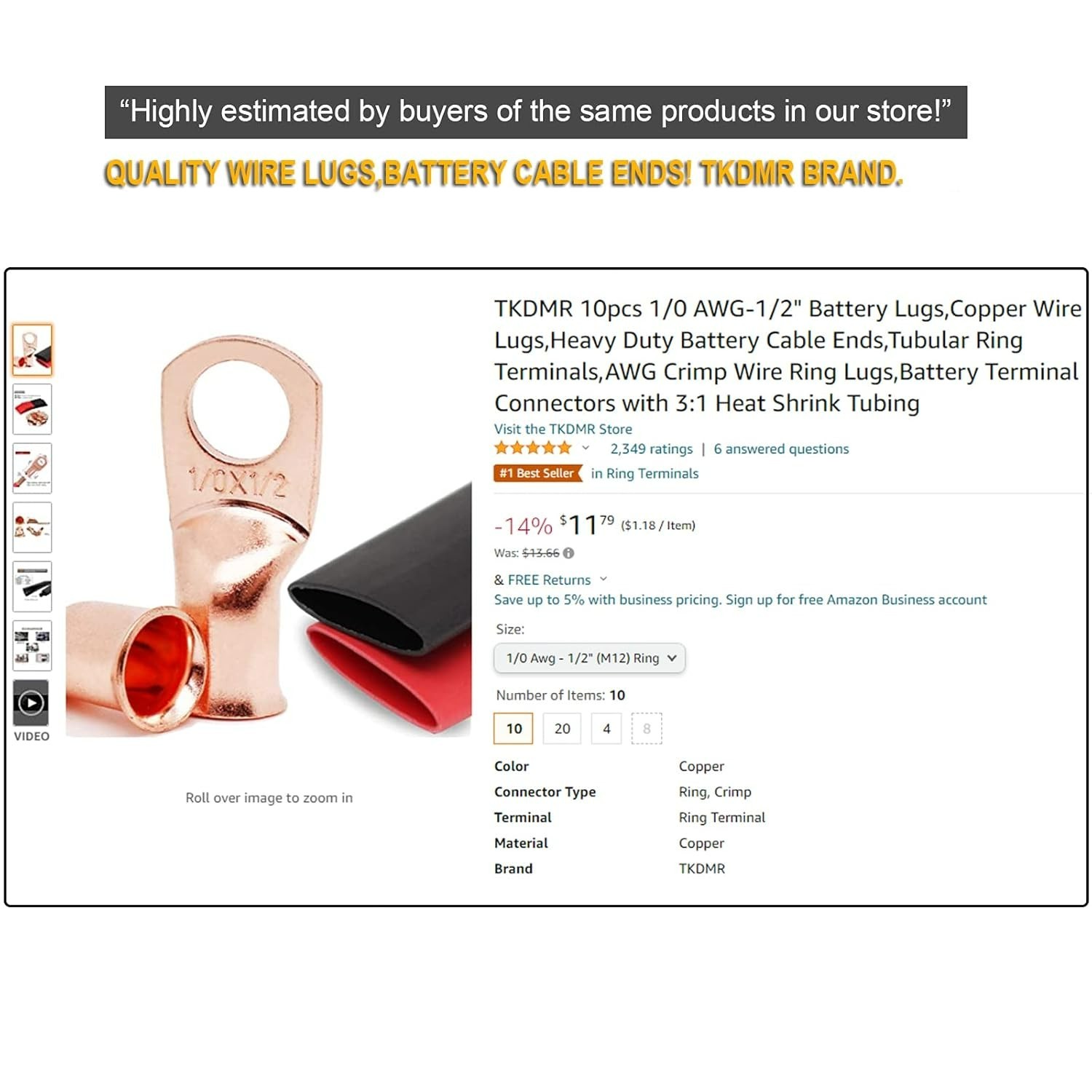 Corrosion-Resistant 6 AWG Tinned Copper Wire Lugs & Heat Shrink Tubing (10 Pack)