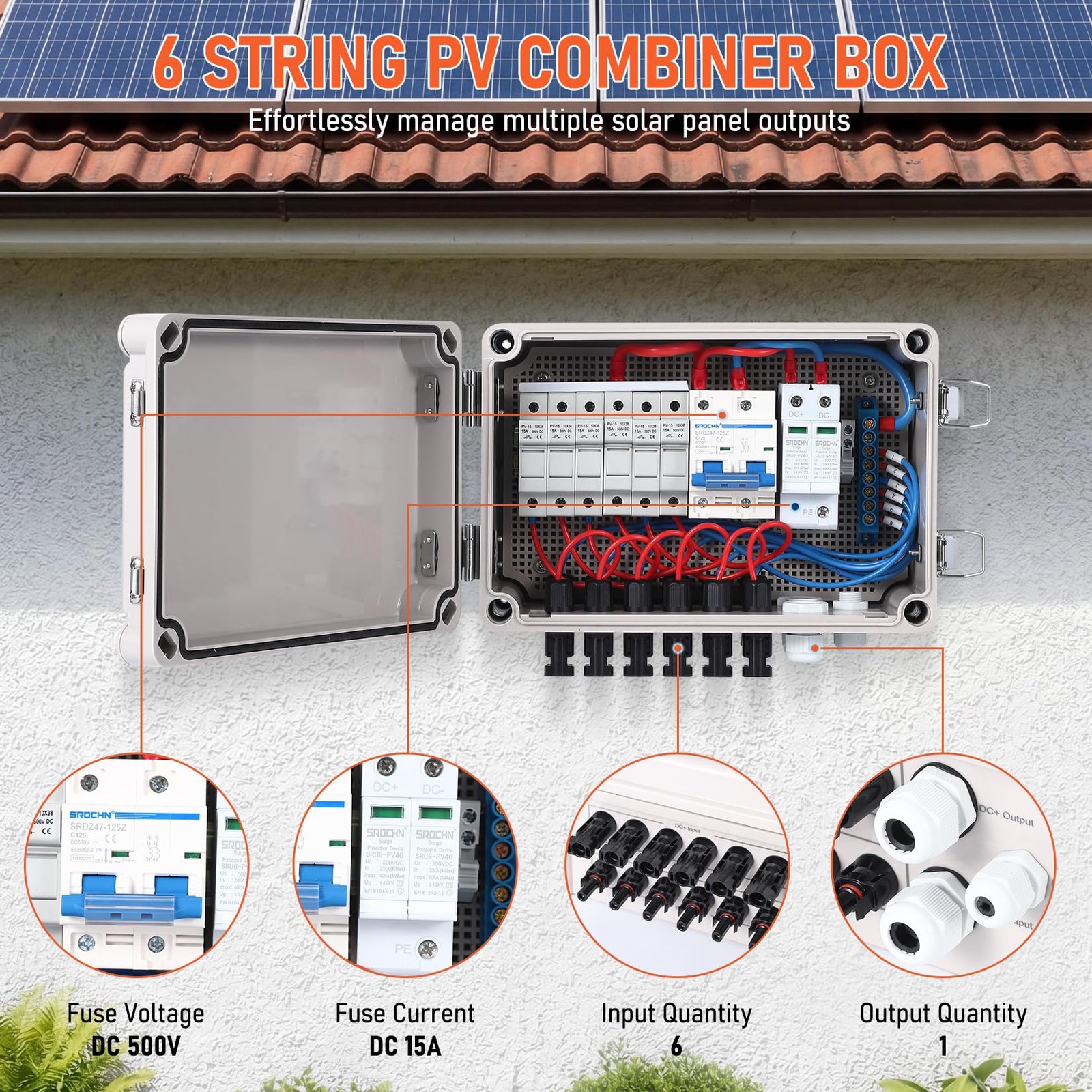 1pc 6 String PV Combiner Box, DC 500V 15A Fuse Solar Combiner Box Plastic Wate