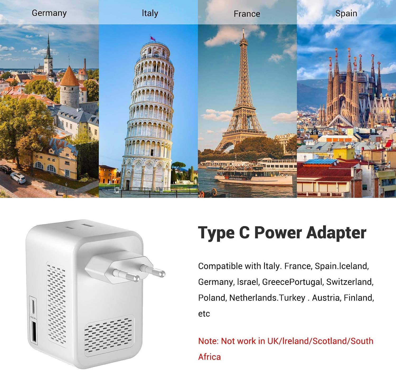 220V to 110V Voltage Conversion Plug Adapter for Traveling from USA to Europe wi