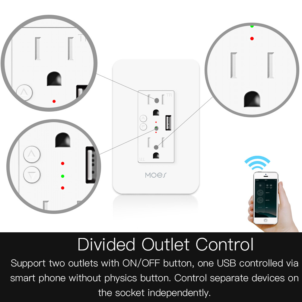 MOES WiFi Smart Outlet Wall Socket Divided Control 2 Plug 1 USB 15A Alexa Google