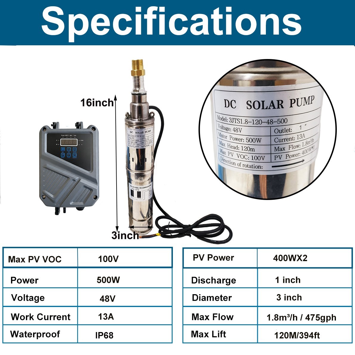 3″ Solar Pump Submersible Pump Bore DC 48V 500W Deep Well Pump + MPPT Controller