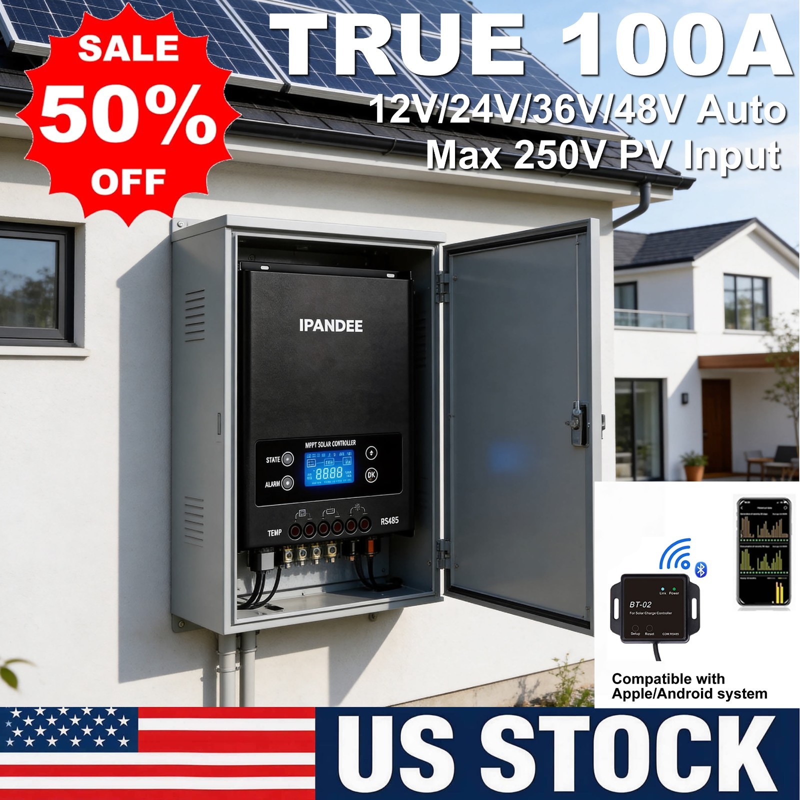 5200W 250V 100A MPPT Solar Charge Controller 12V/24V/36/48V Battery PV Regulator