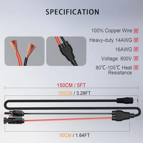 5FT 1.5M Solar Panel Adapter for Jackery, to DC 5.5×2.1mm 5FT-14+16AWG