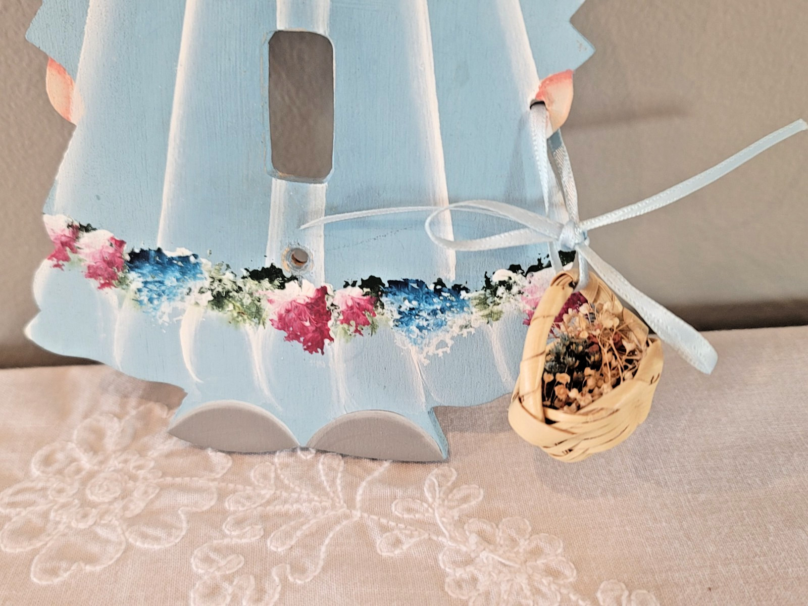 Vintage Hand Painted Wooden Girl Light Switch Cover Blue Dress Fabric Bow 8″