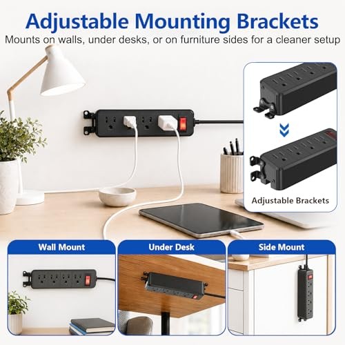 4 Outlet Small Power Strip, Mountable, 10 ft Cord | Wall 4 Outlet-10ft Black