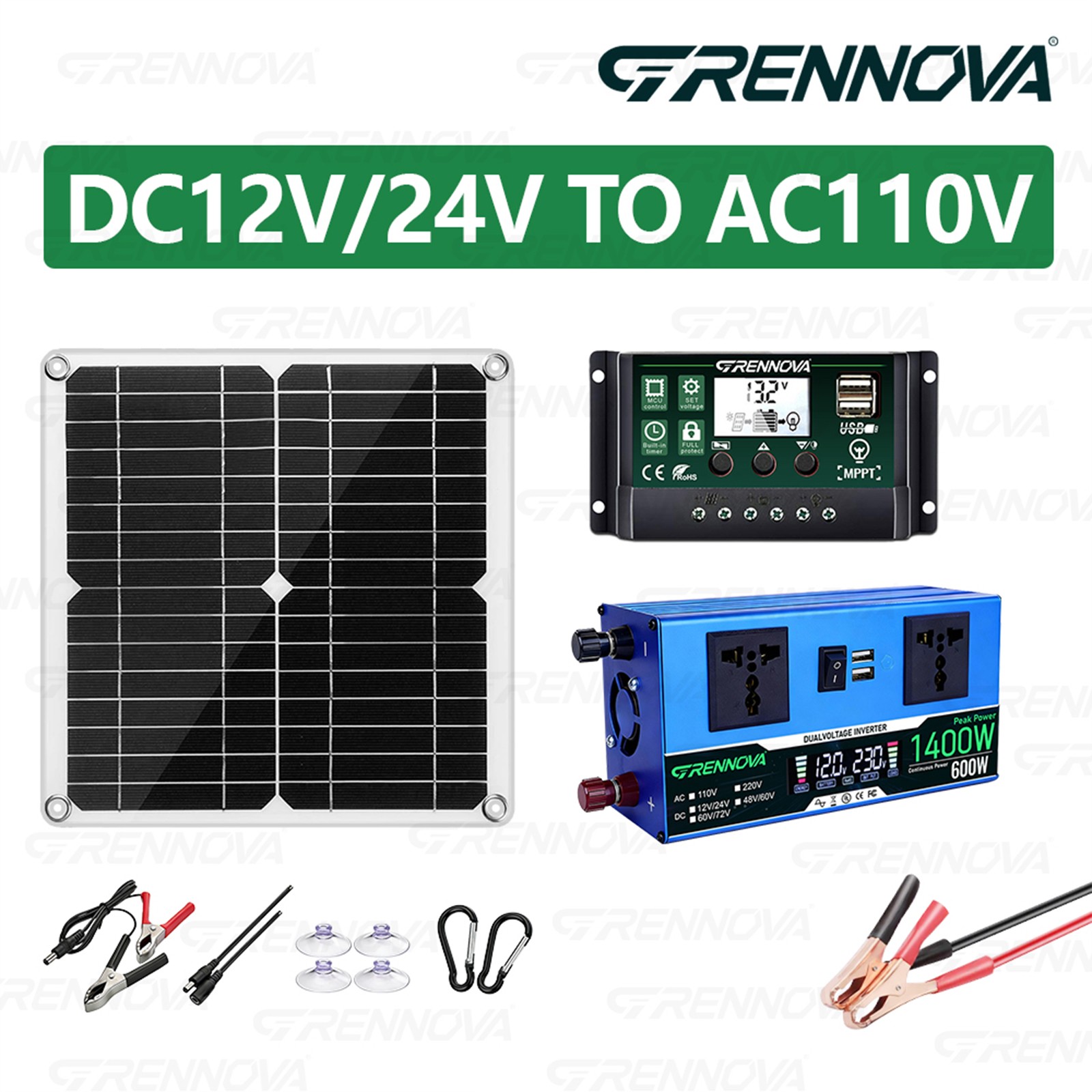 Grennova 1400W True Watt Solar Kit 60A MPPT 12/24V Inverter Outdoor Emergency